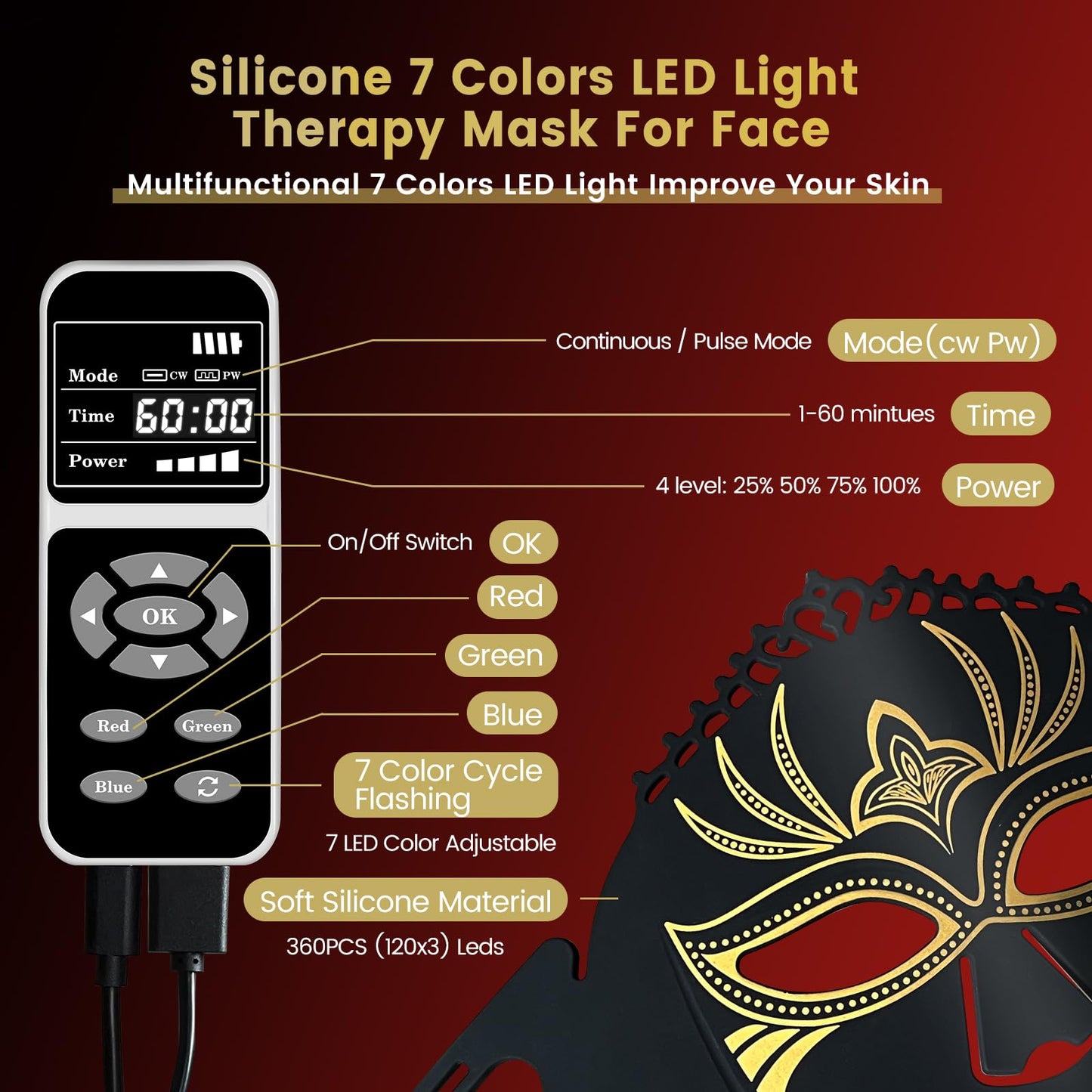 7 Color Led Light Therapy Face Mask, ZJKC Red Light Therapy for Face, Upgraded Led Face Mask Light Therapy include 360PCS Led, Portable Silicone Beauty Facial Mask, Led Mask Therapy at Home and Travel