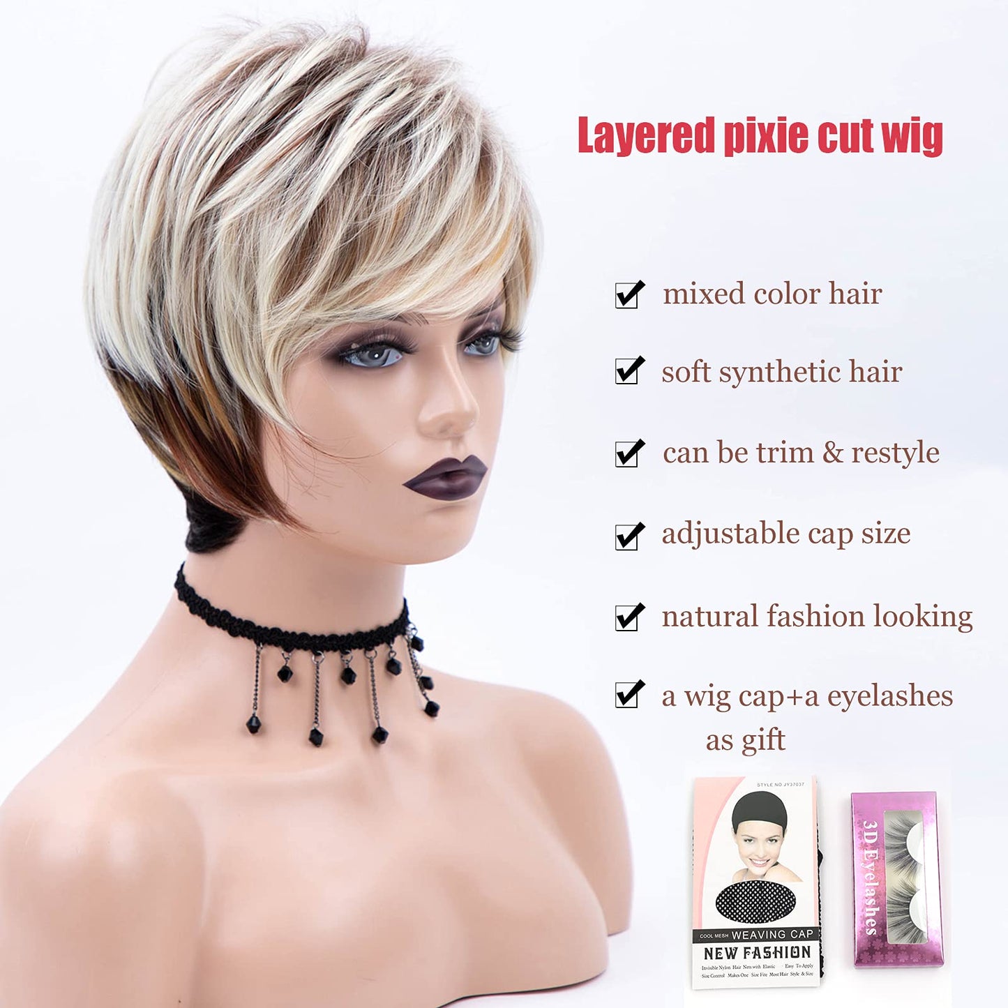 RENERSHOW Short Wigs for White Women Layered Brown Ombre Blonde Pixie Wig Synthetic Short Hair Wig with Bangs Mix Color Natural Looking Daily Party