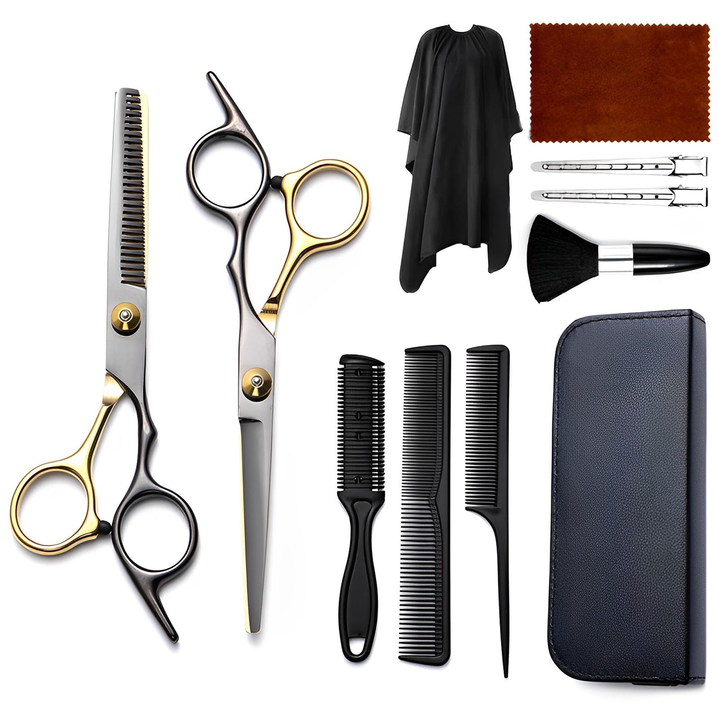 Hair Cutting Scissors Kit 11PCS, Hair Scissors Professional Haircut Scissors Japanese Stainless Steel Hair Shears, Thinning Shears, Haircut Accessories in Leather Case for Salon/Home (Black - Gold)
