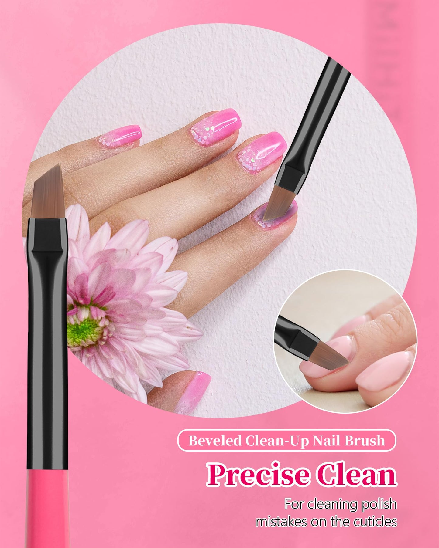 3PCS for OPI Nail Polish Remover Brush, AMilHiTon Nails Clean Up Brushes, Round/Angled/flat Acetone Resistant Nail Art Designs, and Tidying Up Polish Mishaps on Cuticles(Rose Red)