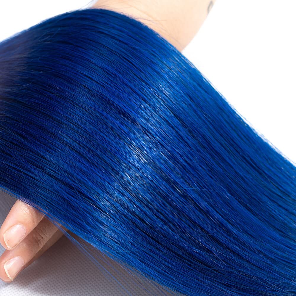 1B/Blue Straight Bundles Blue Human Hair Bundles Ombre Two Tone Black Roots to Blue Bundles Human Hair Weave Double Weft Brazilian Hair Wet and Wavy Bundles Silky Soft for Black Women 22 24 26 inch