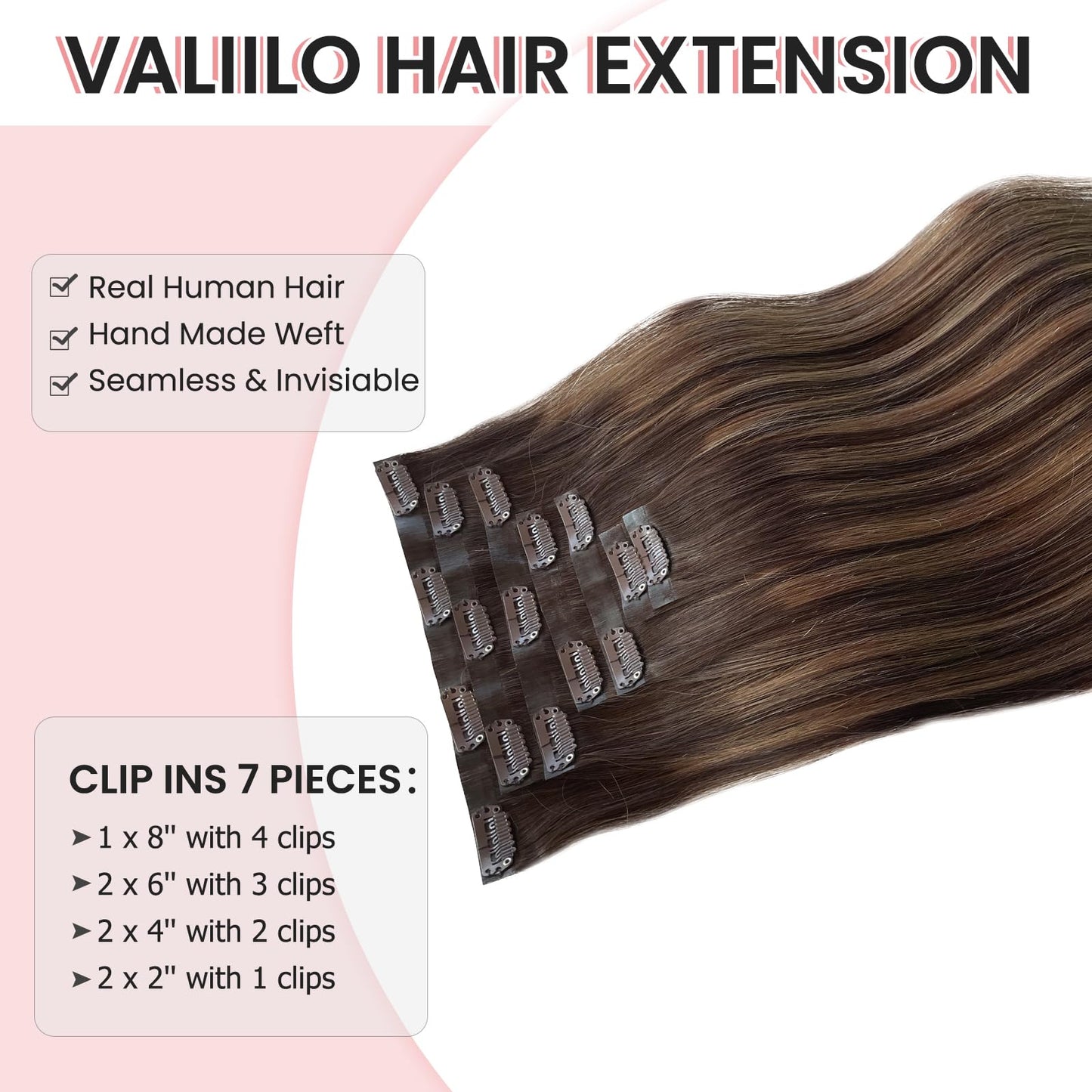 Hair Extensions Clip in Ombre Brown Highlights 7 Pcs Seamless Human Hair Clip in Extensions 22 Inch Invisible PU Skin Weft Natural Remy Human Hair Extensions for Women Full Head 100G