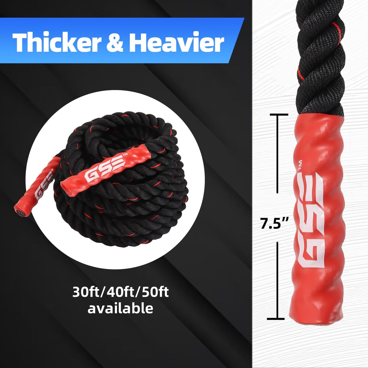 GSE Games & Sports Expert Gym Battle Rope, Heavy-Duty Workout Ropes for Indoor & Outdoor Workout. Exercise Rope for Strength Training - 30, 40, 50 Feet Lengths Available
