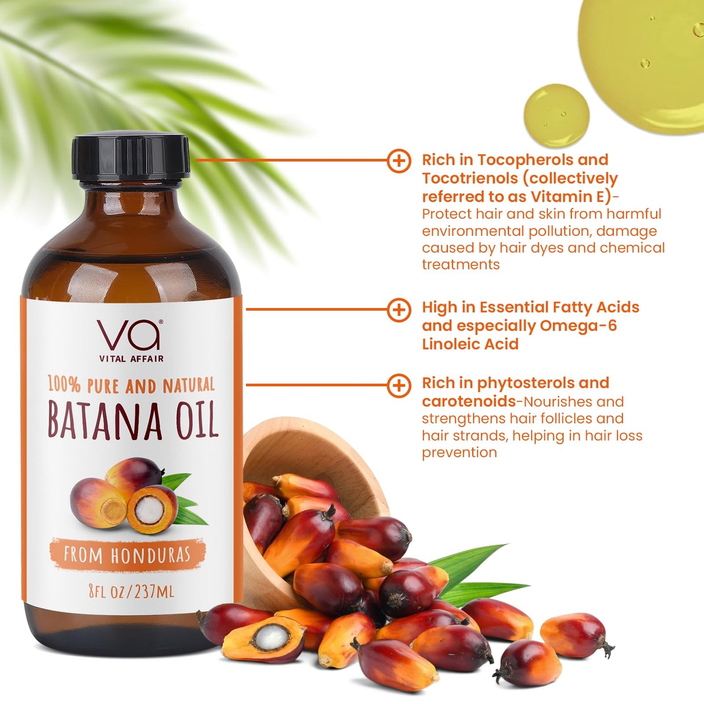 VITAL AFFAIR Batana Oil For Hair Growth-100% Raw Batana Oil From Honduras-Glass Bottle-Skin & Hair Growth Oil Rich In Essential Nutrients-Batana Hair Oil For Women & Men-For Strong & Shiny Hair-8 FlOz