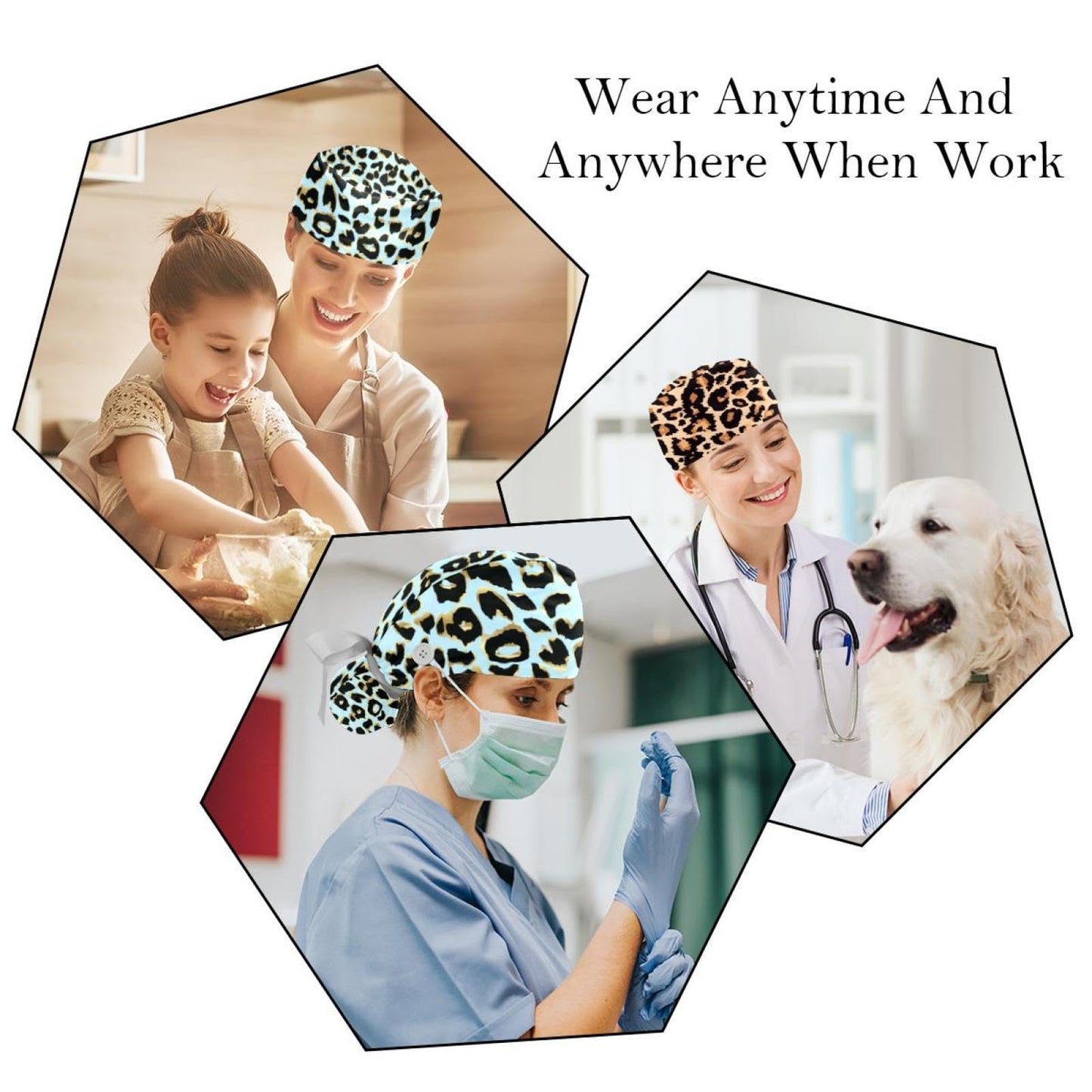 Generic 2 Packs Leopard Unisex Scrub Caps Surgical Women with Button Adjustable Hats Surgical Caps for Women