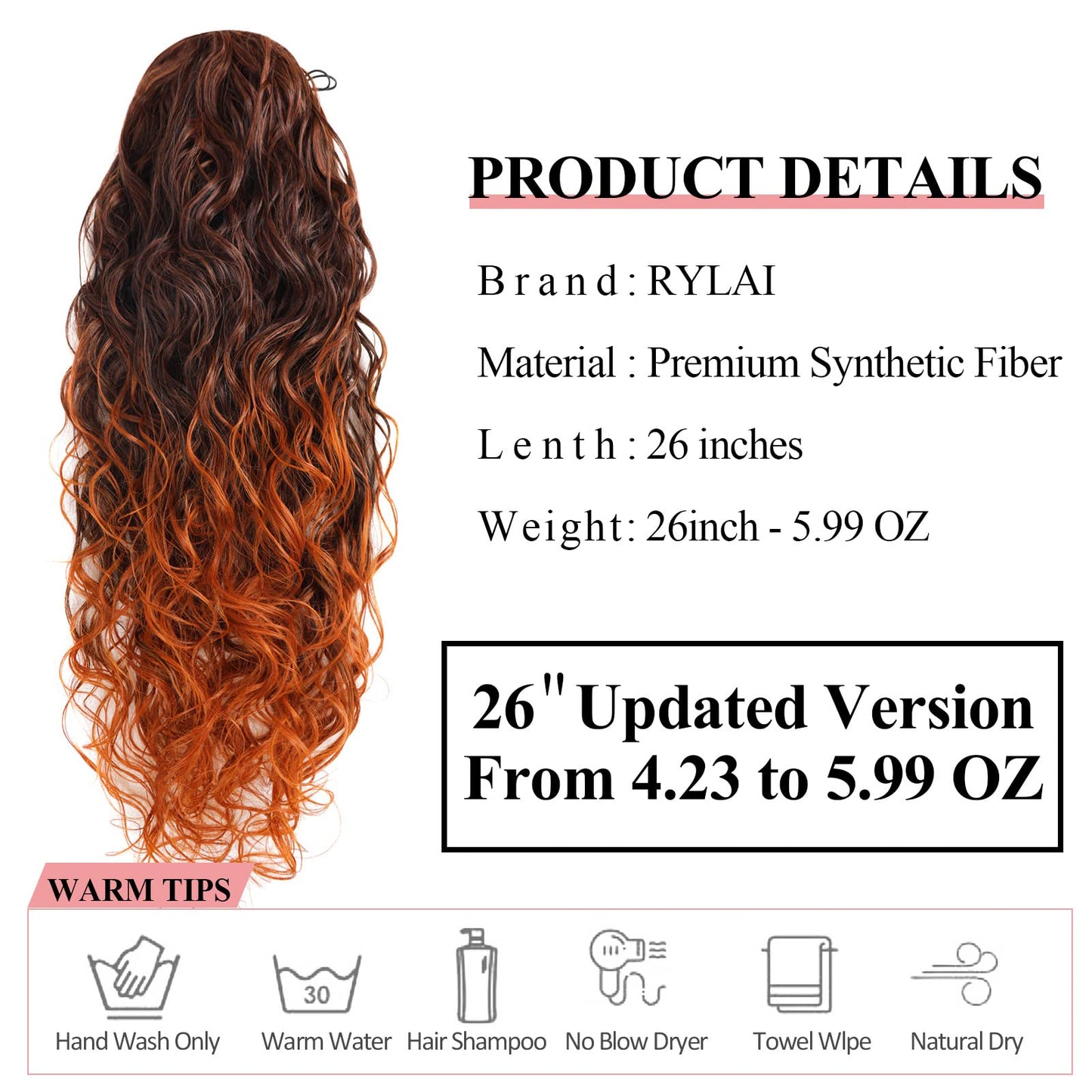 Copper Ginger 350 Ombre Ponytail Extensions - Long Curly Wavy Thick Hair Extainson Ponytail Wavy Clip in Ponytail Extensions Blonde Drawstring Ponytail for Black Women #1B/350 6 OZ