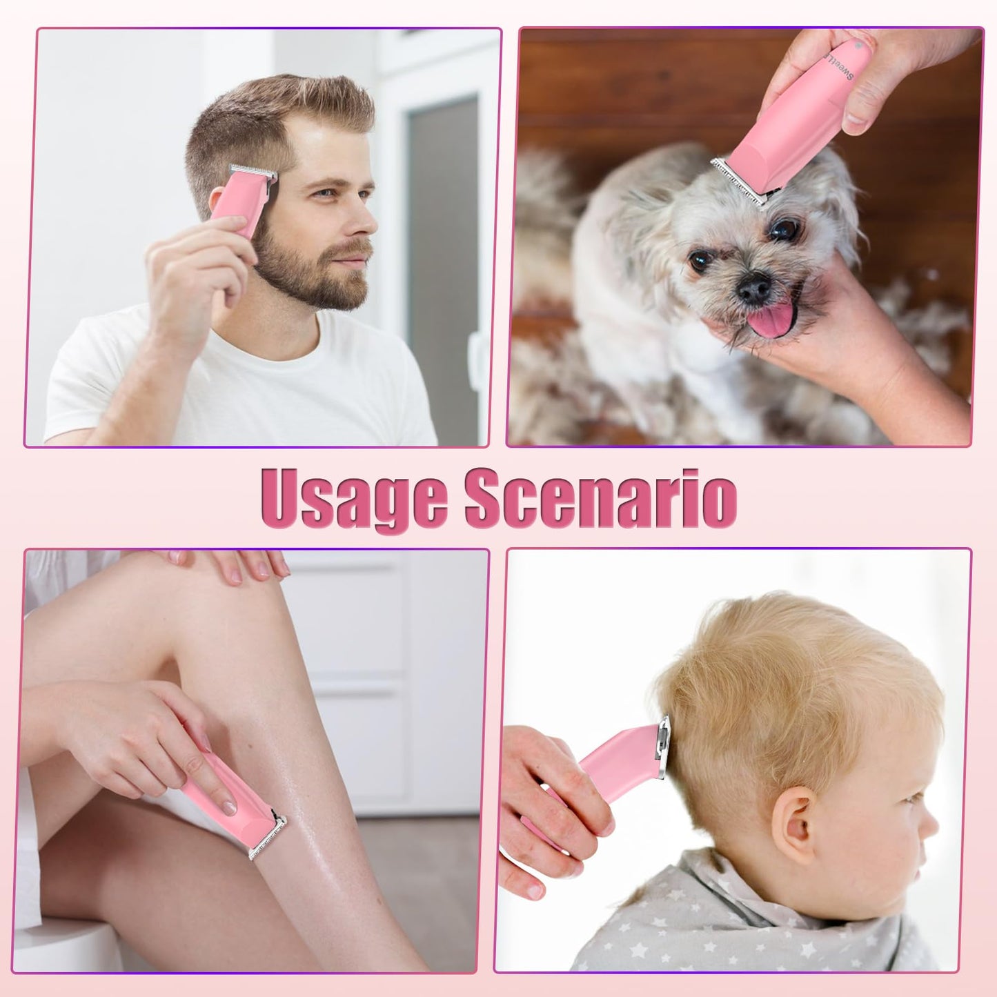 SweetLF Hair Trimmer, Mini Hair Clippers with 3 Guide Combs, USB Rechargeable Portable Hair Clippers for Men Women Baby Pet, Pink