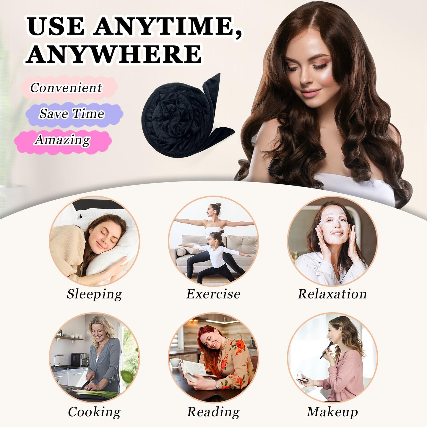 Gwabee No Heat Hair Curlers Overnight Curls Headband - 70" Soft Ribbon Curl Wrap for Long Hair, 9 PCS Curling Rod Set with Bonnet - Black