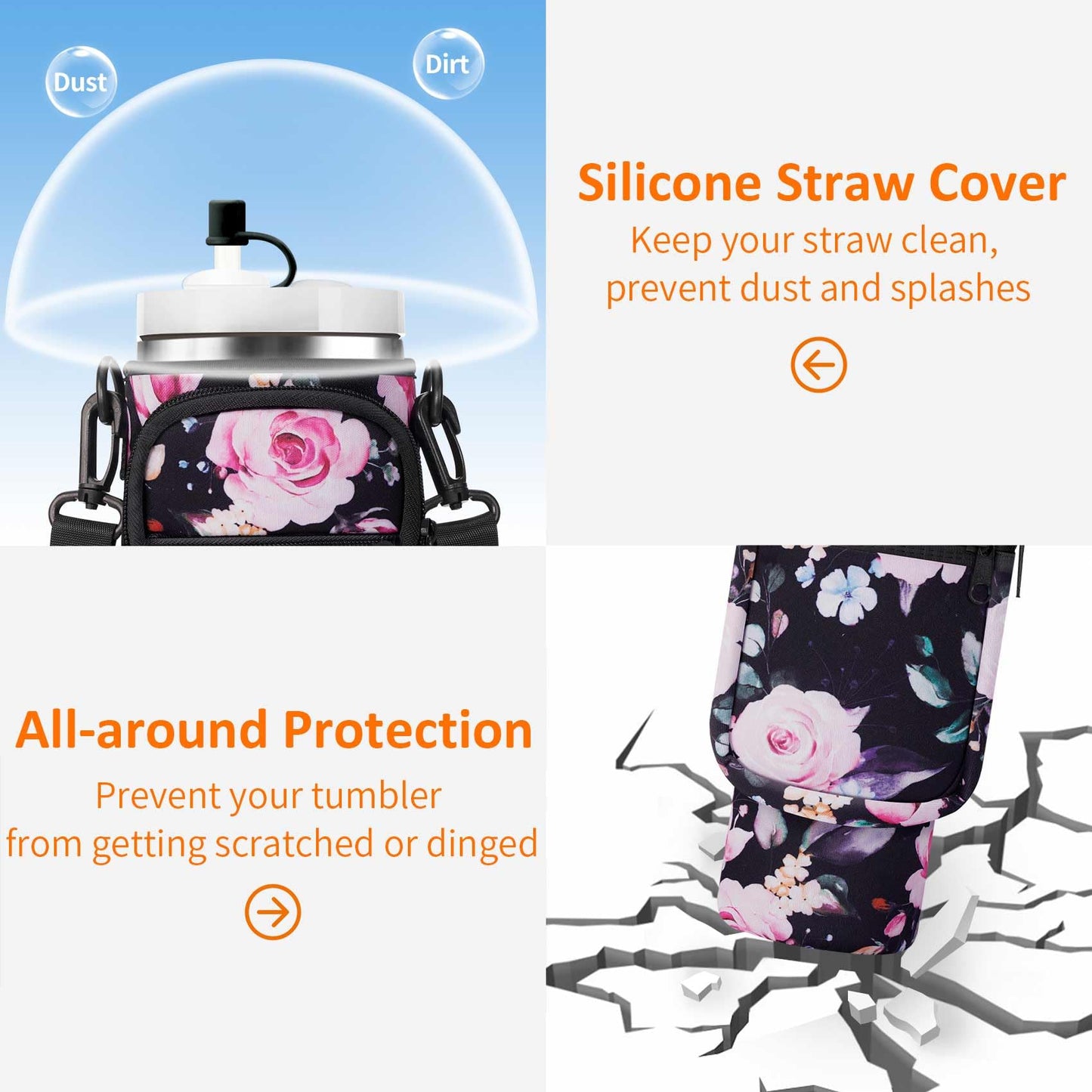 Water Bottle Carrier Bag with Paracord Handle for Stanley 30 oz Tumbler Neoprene Insulated Mug Sleeve Sling with 2 Pockets & Adjustable Strap & Straw Cap for Stanley Cup Accessories-Black Flower