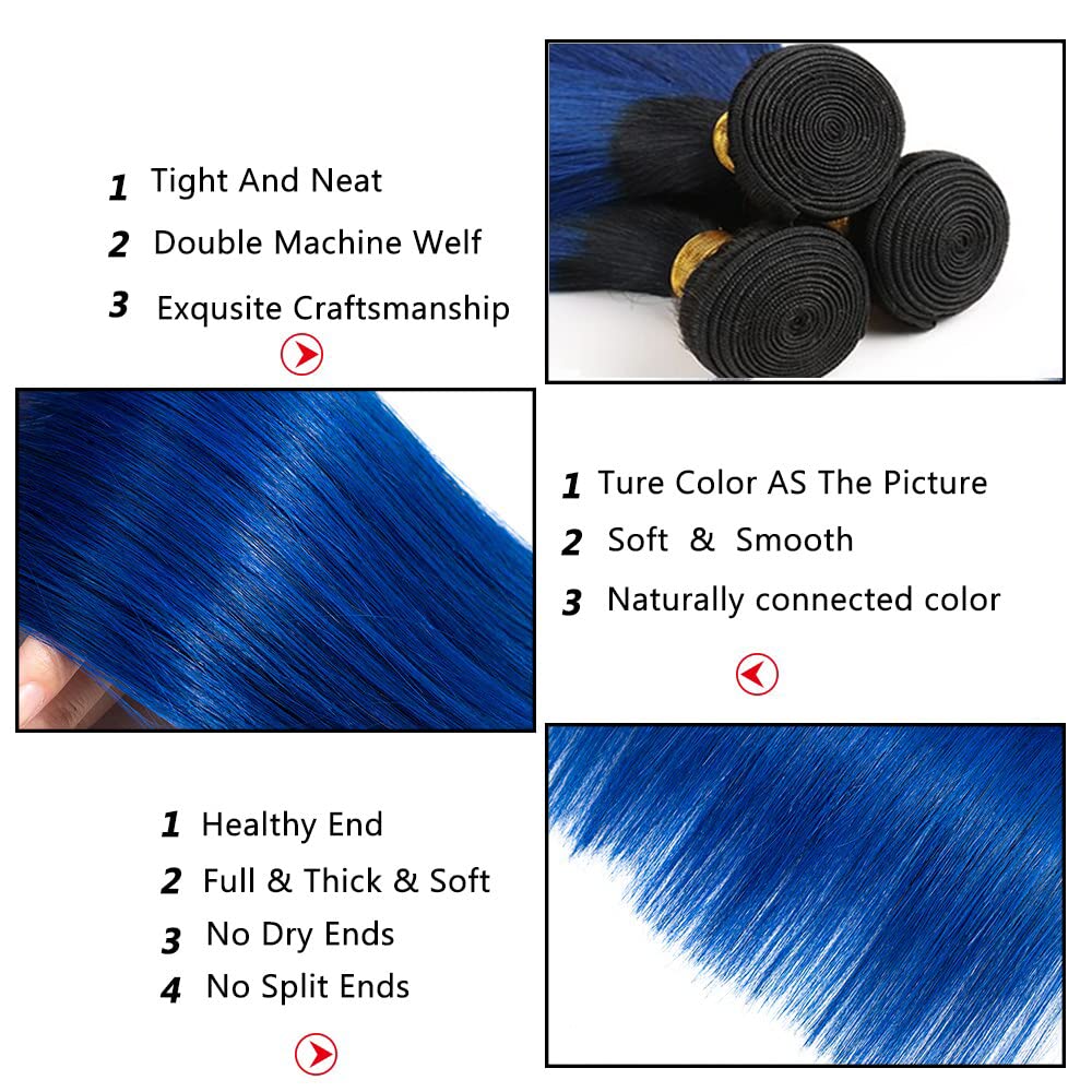 1B/Blue Straight Bundles Blue Human Hair Bundles Ombre Two Tone Black Roots to Blue Bundles Human Hair Weave Double Weft Brazilian Hair Wet and Wavy Bundles Silky Soft for Black Women 22 24 26 inch