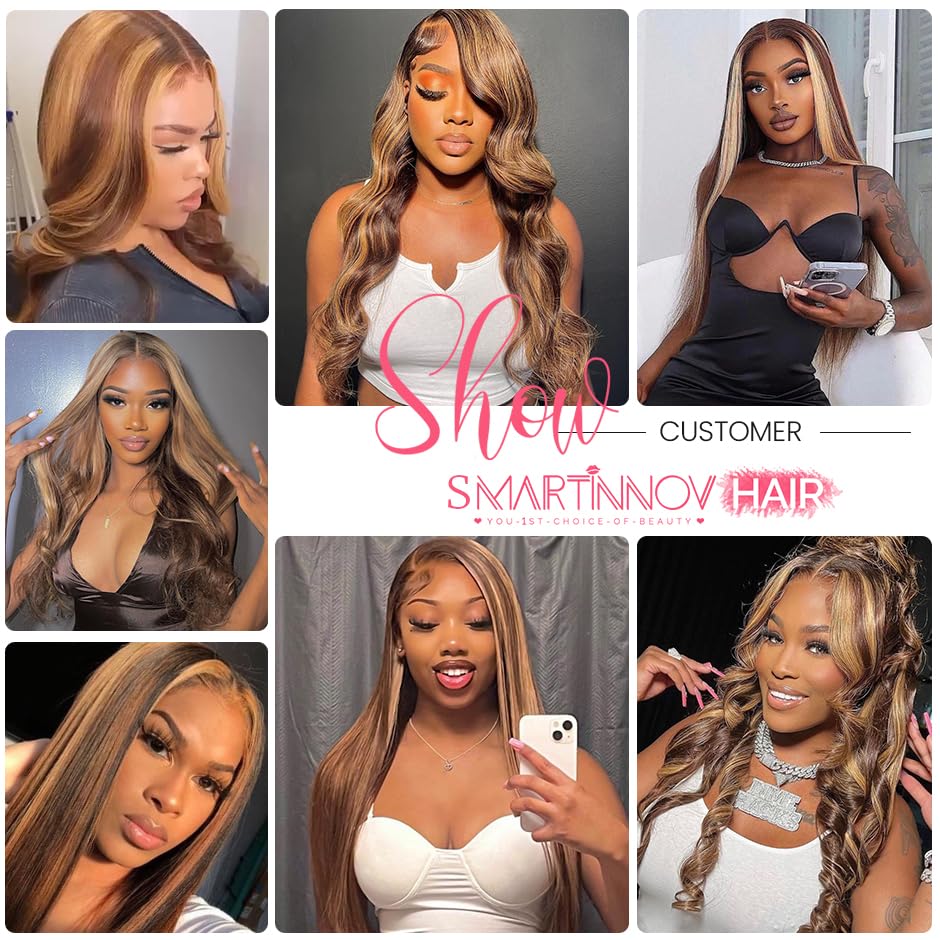 24 Inch Highlight Ombre Blonde Lace Front Wig Human Hair Pre Plucked 13x6 HD Transparent Lace Front Wig 4/27 Brown Highlight Honey Blonde Lace Frontal Wigs Ombre Blonde Human Hair Wigs for Women