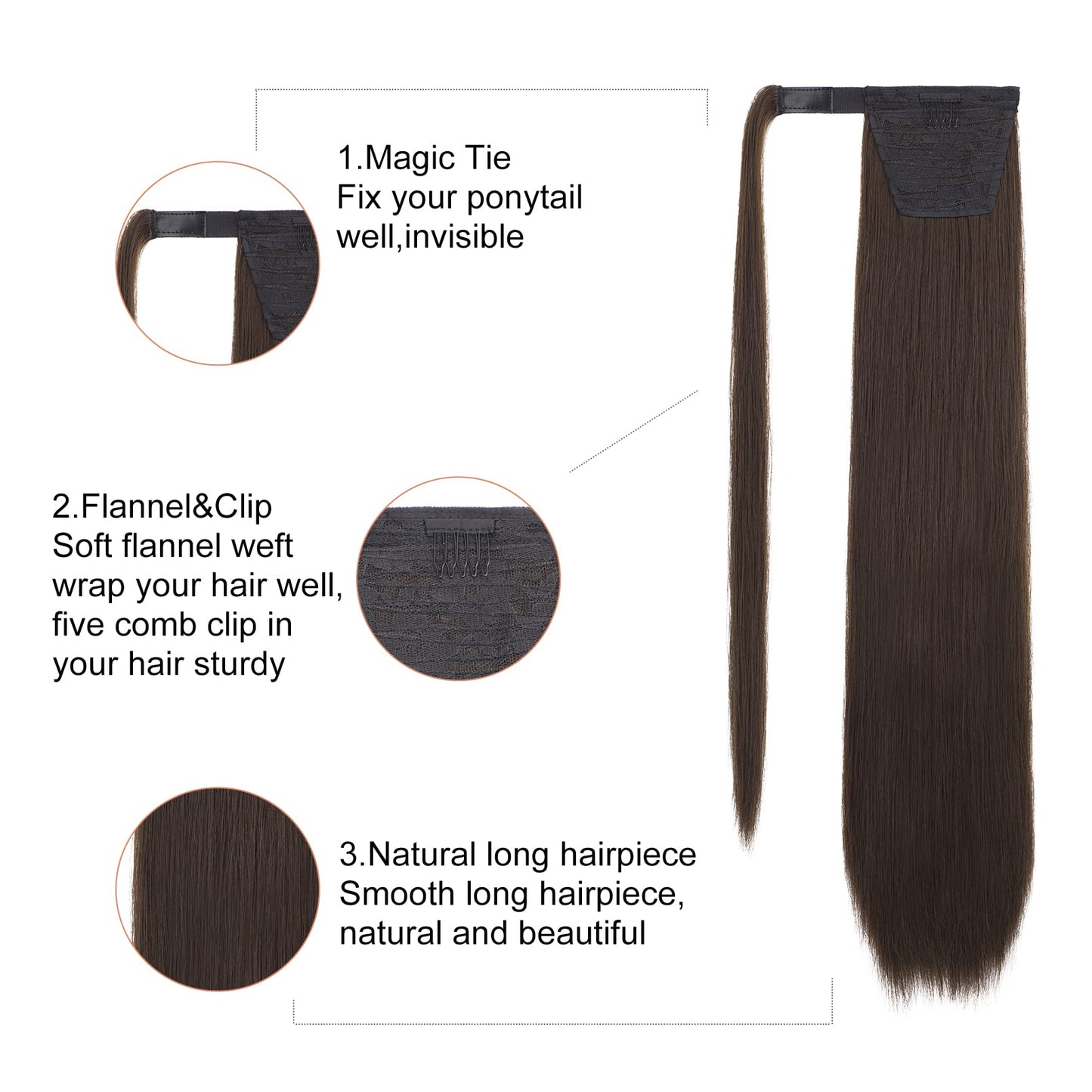 SEIKEA Clip in Ponytail Extension Wrap Around Straight Hair for Women (28", Dark Chocolate Brown)