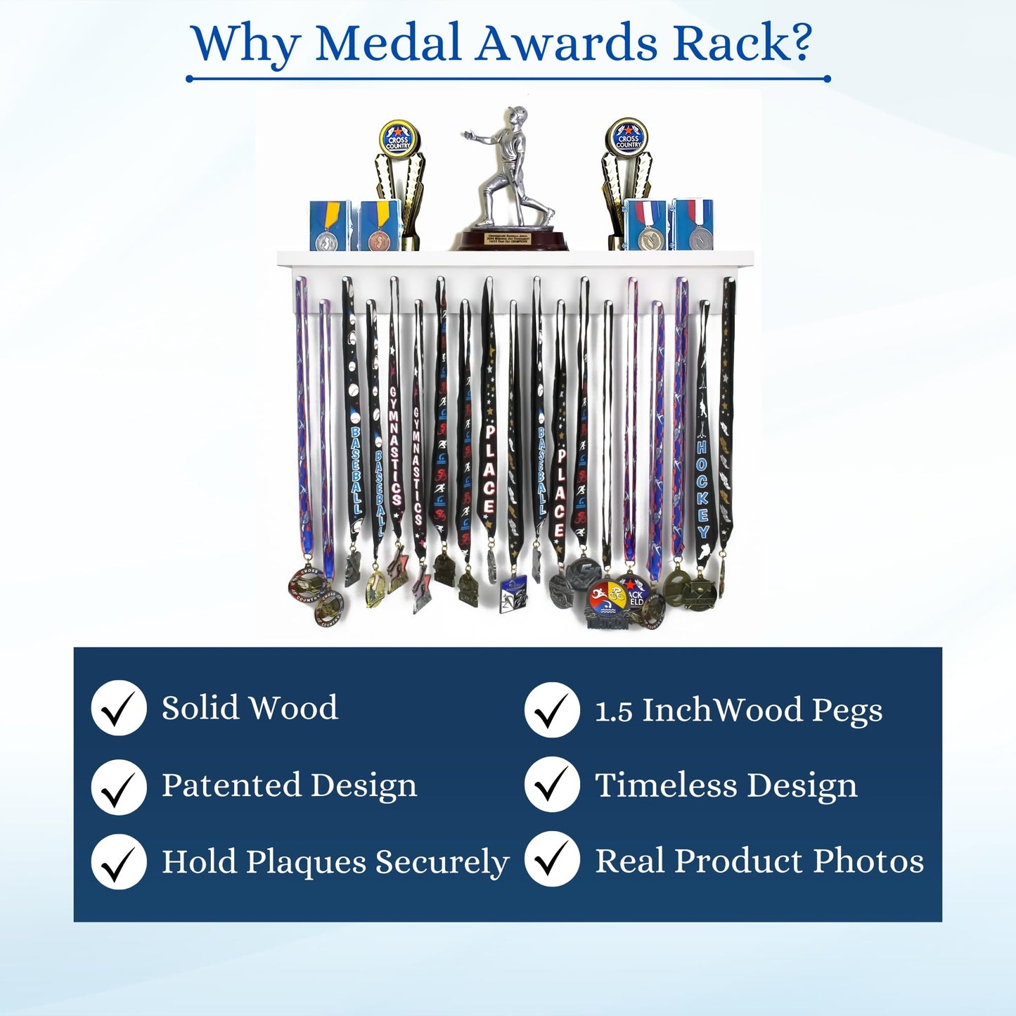 2ft- Medal Awards Rack- Premier Medal Hanger Display and Trophy Shelf - Multi-Purpose Trophy and Medal Holder for Medal Display, Plaques, Pictures, Trophies and More Solid Wood