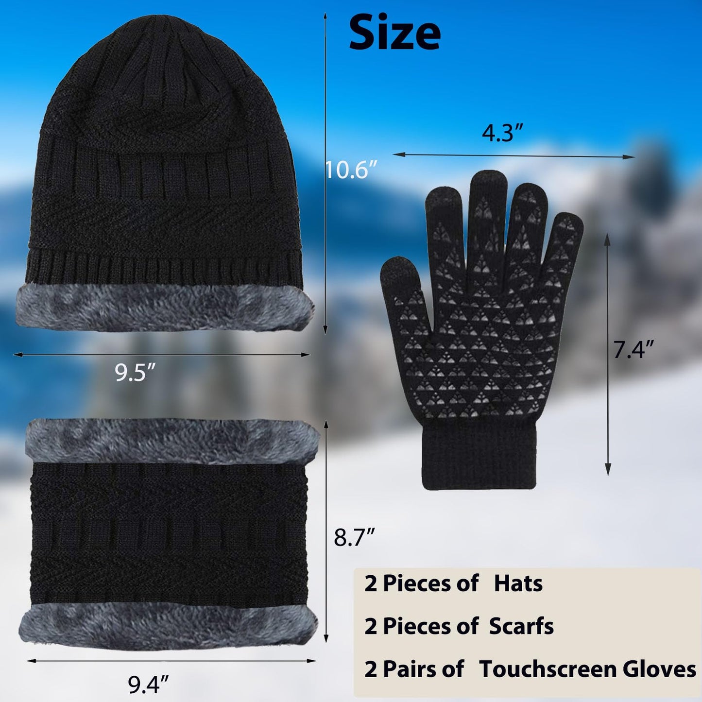 6 Pieces Winter Beanie Hat Scarf Gloves Set for Men Women,Knitted Skull Cap Winter Hat Touchscreen Gloves Neck Warmer for Cold Weather