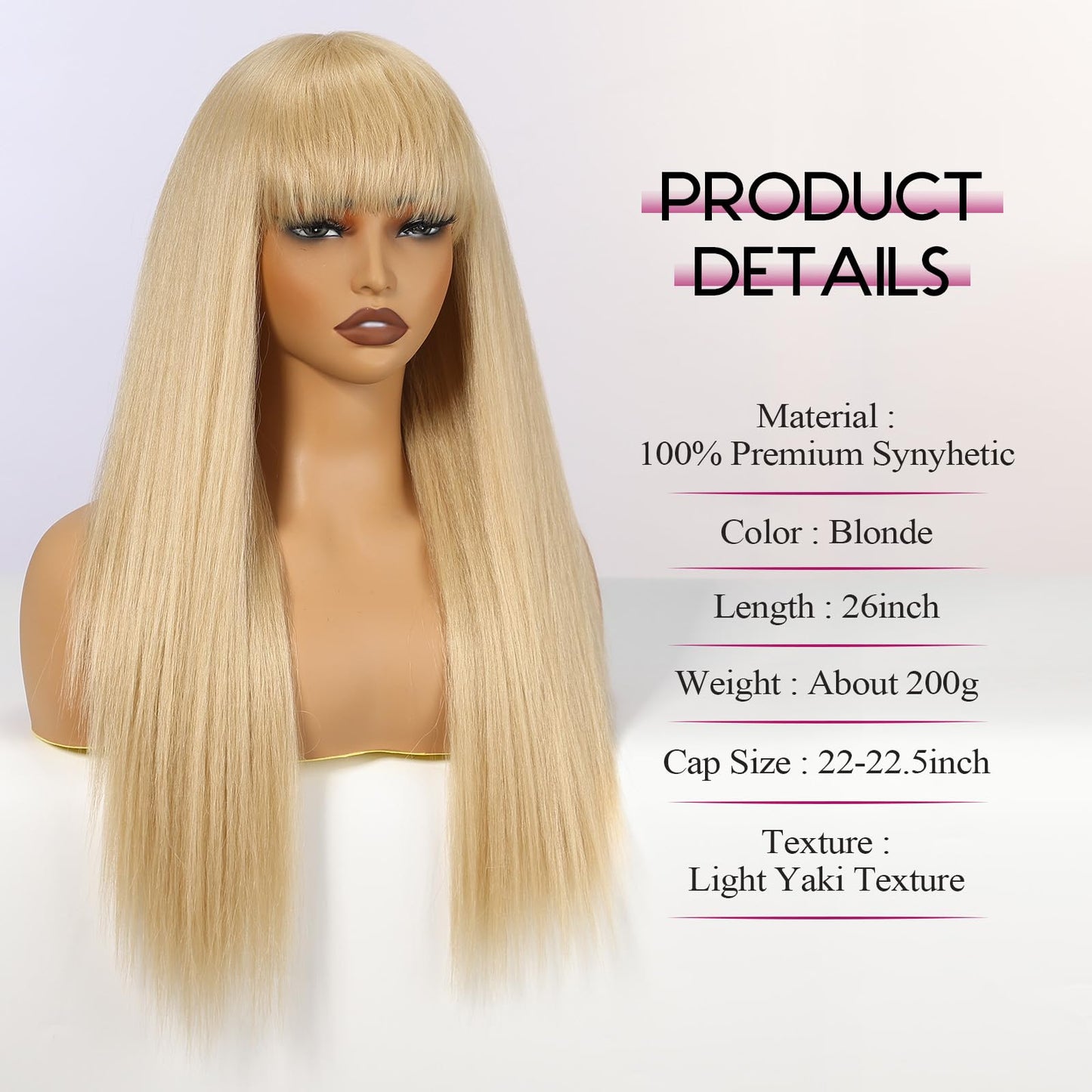 EMMOR Long Straight Yaki Wigs for Women with Bangs Comfortable Elastic Band 26 Inch Heat-resistant Synthetic Fibers(Blonde)