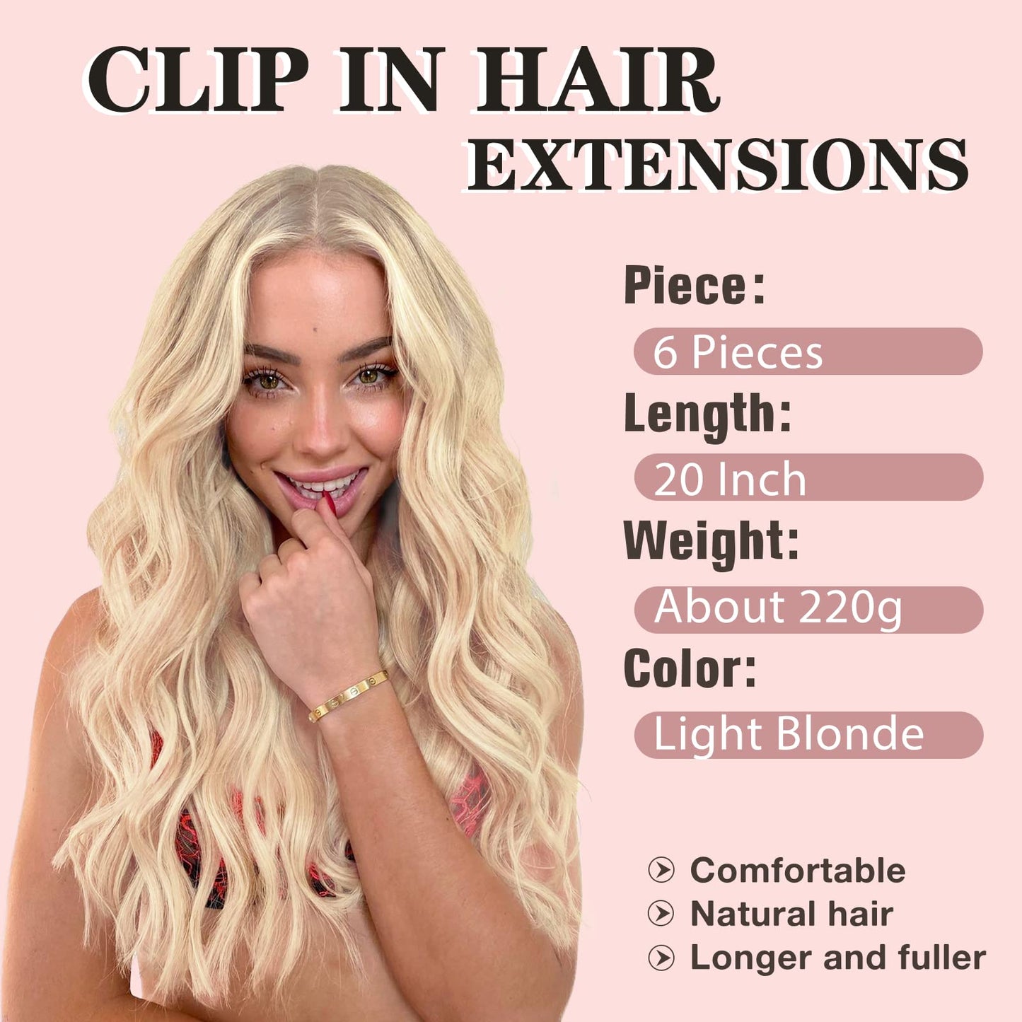 NAYOO Clip in Hair Extensions for Women 20 Inch Long Wavy Curly Light Blonde Hair Extension Full Head Synthetic Hair Extension Hairpieces (6PCS, Light Blonde)
