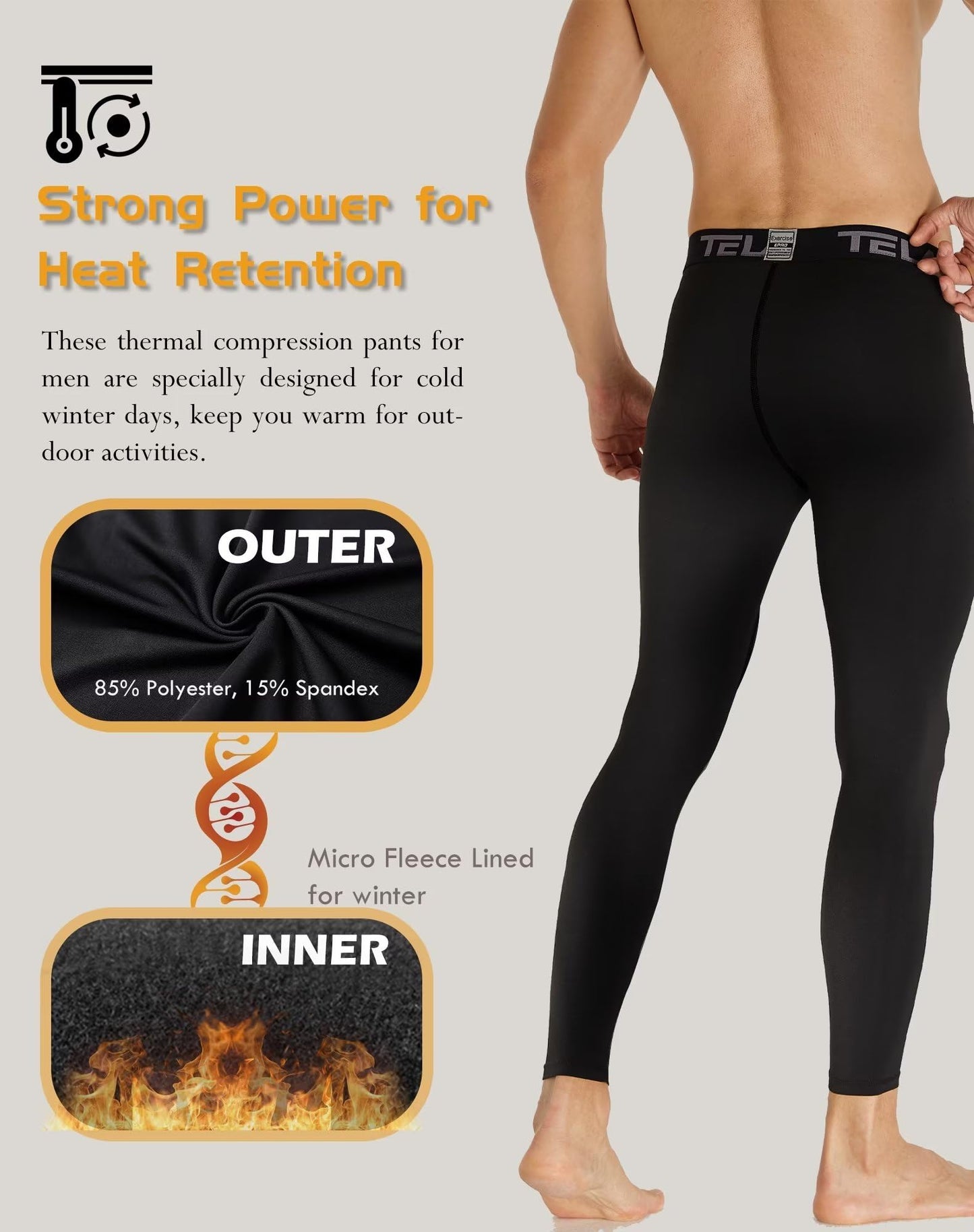 5 Pack Men's Thermal Compression Pants Fleece Lined Sports Tights Athletic Leggings Cold Weather Baselayer Winter Gear XL