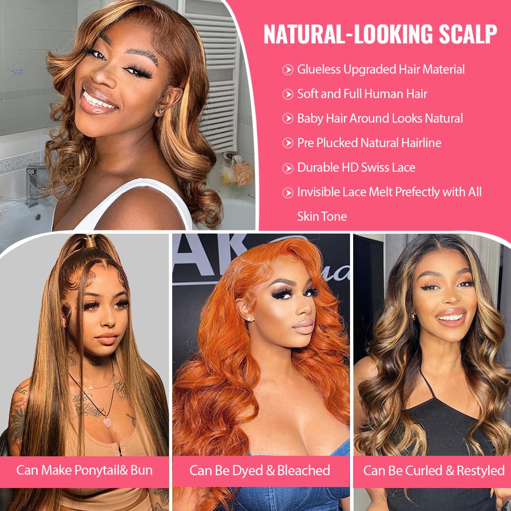 24 Inch Highlight Ombre Blonde Lace Front Wig Human Hair Pre Plucked 13x6 HD Transparent Lace Front Wig 4/27 Brown Highlight Honey Blonde Lace Frontal Wigs Ombre Blonde Human Hair Wigs for Women