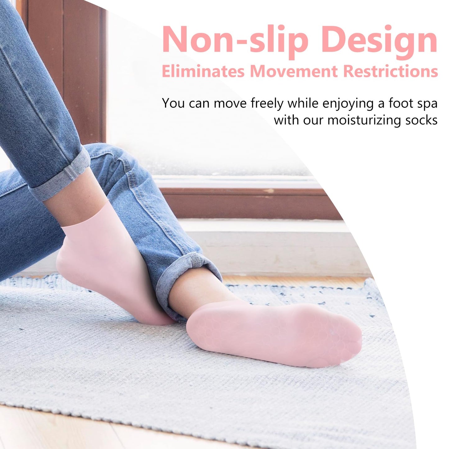 2Pairs Silicone Socks for Dry Cracked Feet Women,Non-Slip Moisturizing Foot Mask Exfoliating Socks,Gel/Aloe Vera SPA Repair Socks,Post Pedicure Heel Cracking & Softening Foot Treatment - Pink + White