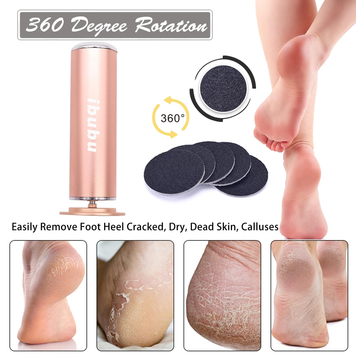 ibubu Electric Feet Callus Remover Gold Professional Powerful Foot File Pedicure Grinder Sanders with 60PCS Replacement Sandpaper Discs Heel Scraper for Dead Dry Crack Skin Calluses Speed Adjustable