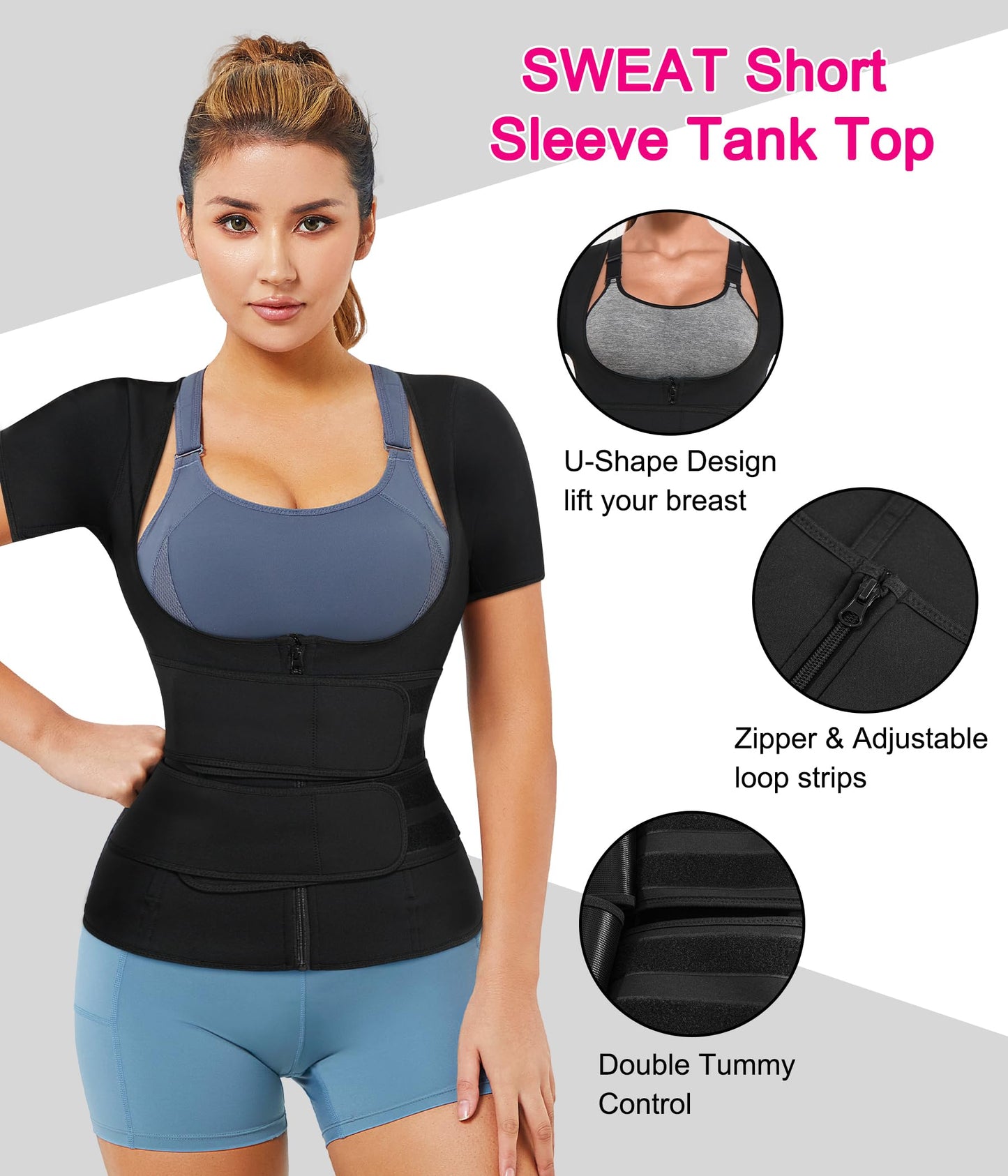 Nebility Womens' Sauna Sweat Vest Weight Loss Workout Waist Trainer (Zipper Short Sleeves, Small)