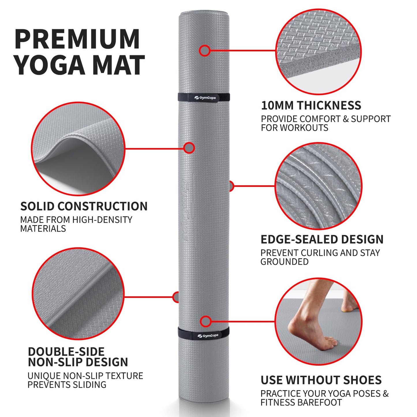 GymCope 10MM Thick Yoga Mat, 72" x 48" Large Workout Mat for Home Gym, Edge-Seamed Design, Superior Grip, Shock-Absorbing Cushion, Ultimate Comfort and Protection for Yoga, Fitness Training