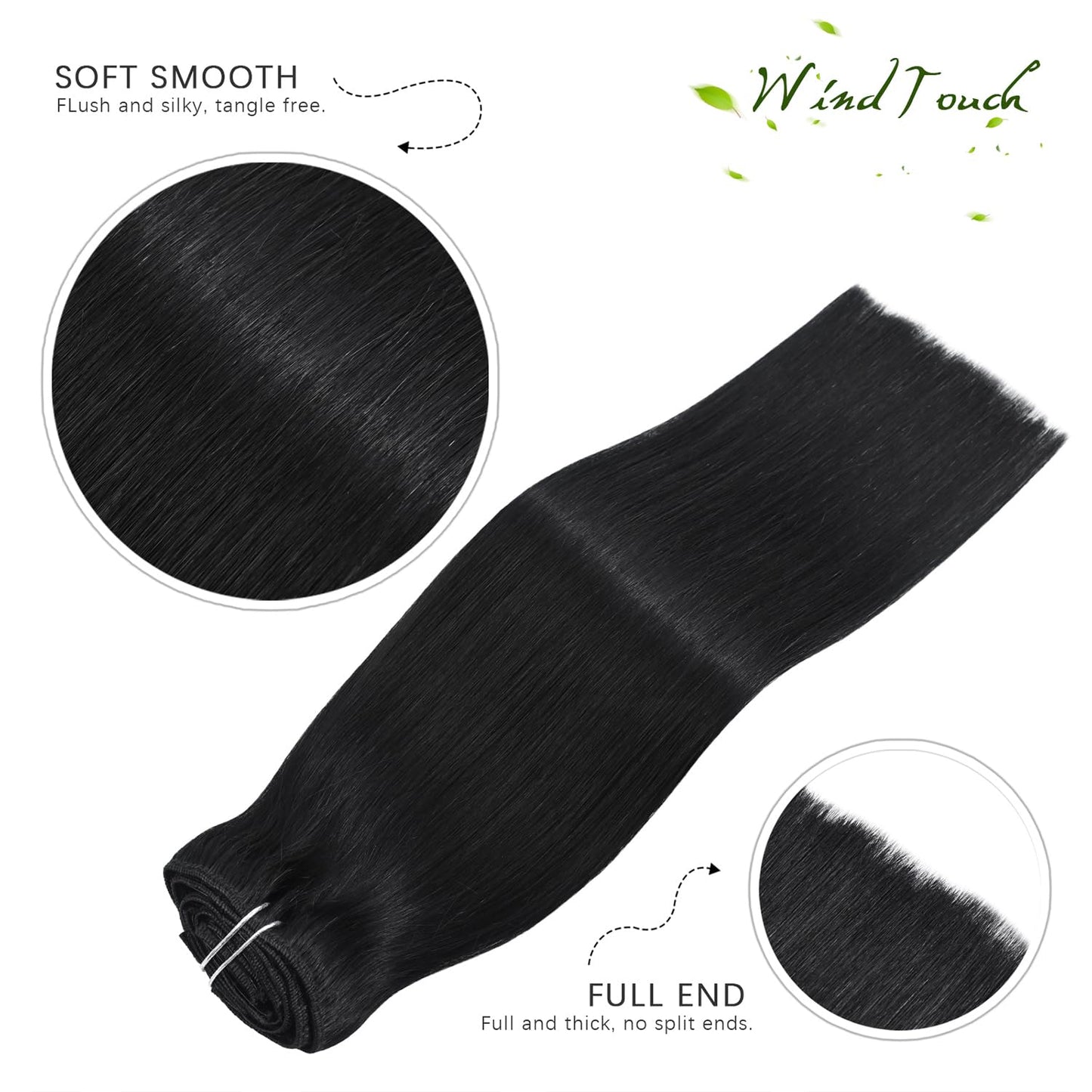 WindTouch Clip in Hair Extensions Real Human Hair #1 Jet Black Hair Extensions Remy Human Hair Full Head 16Inch 120g 7PCS Human Hair Clip in Extensions Black women