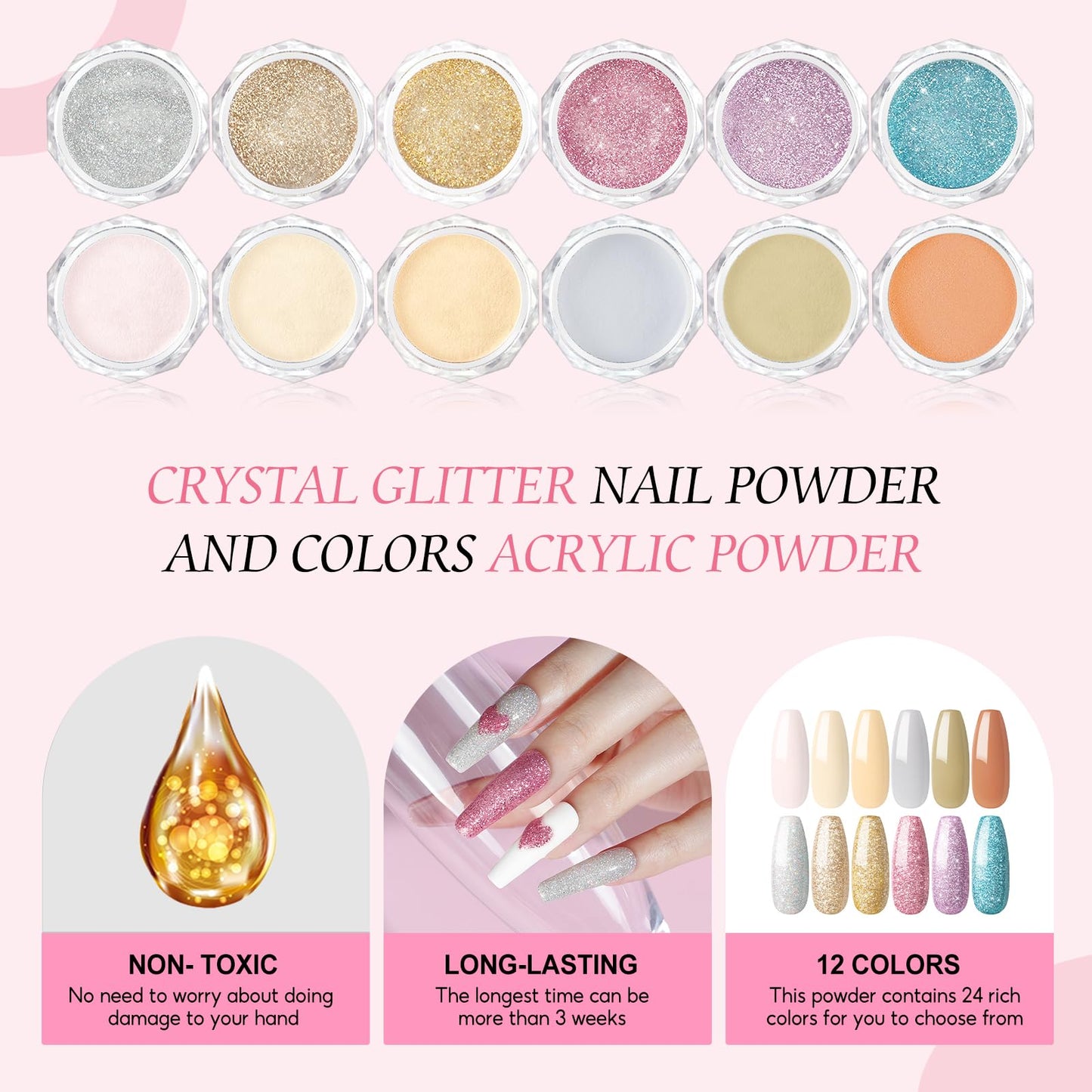Acrylic Nail Kit for Beginners 4Pcs Acrylic Powder 12 Candy Color Glitter Powder Professional Nail Kit Acrylic Set Nail Art Rhinestones 200Pcs Nail Tips Full Nail Supplies DIY Home