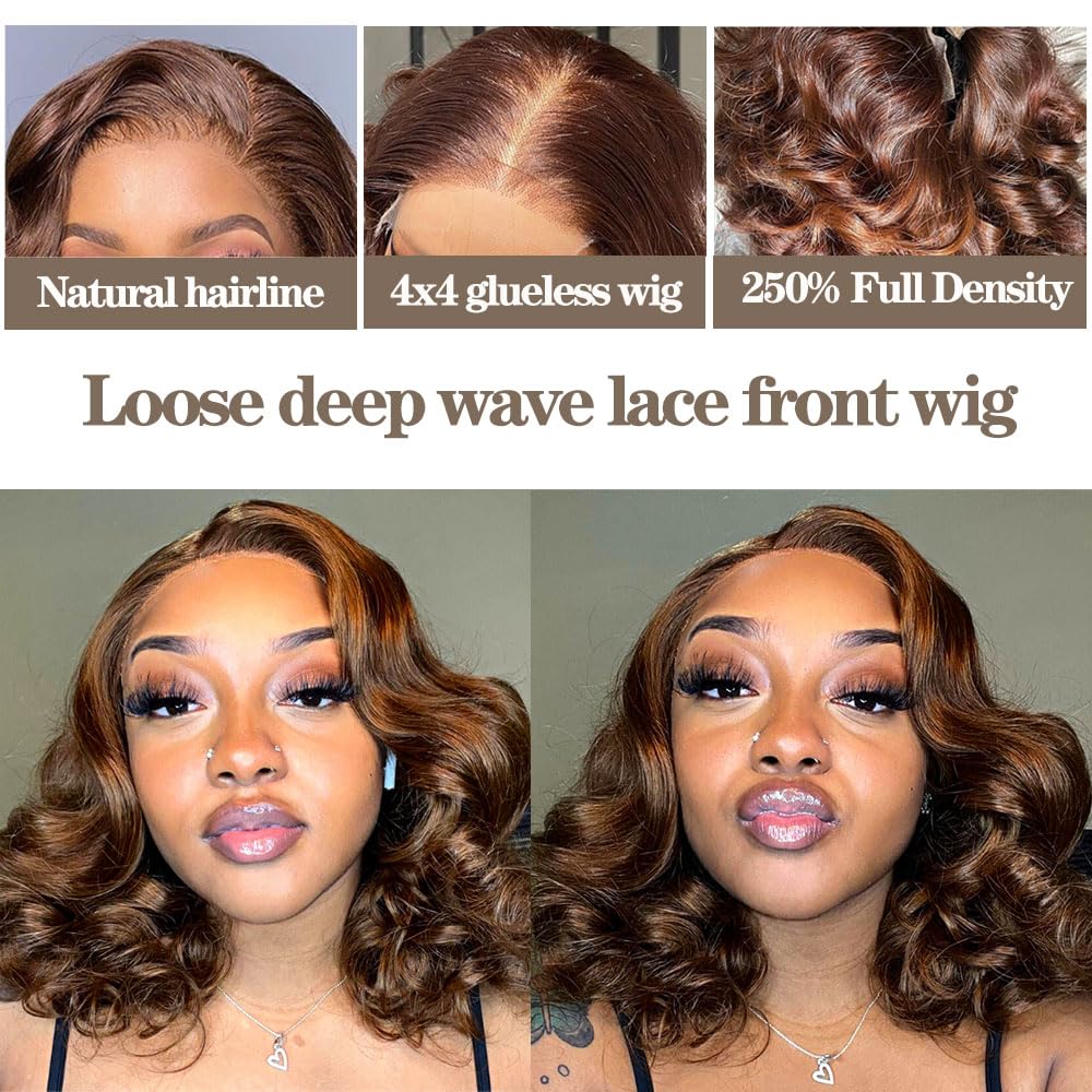 250% Density Loose Deep Wave Brown Lace Front Wigs Human Hair Wear and Go Glueless Short Bob Wigs Human Hair 4x4 HD Lace Closure Wigs with Elastic Band (16inches)