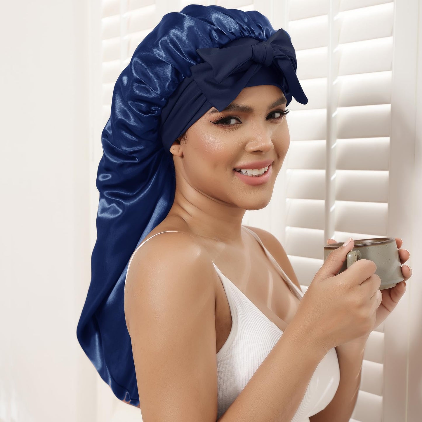 AWAYTR Long Satin Bonnet for Women - Double Layer Elastic Silk Bonnet for Braids Hair Sleeping Cap with Tie Band (Navy Blue)
