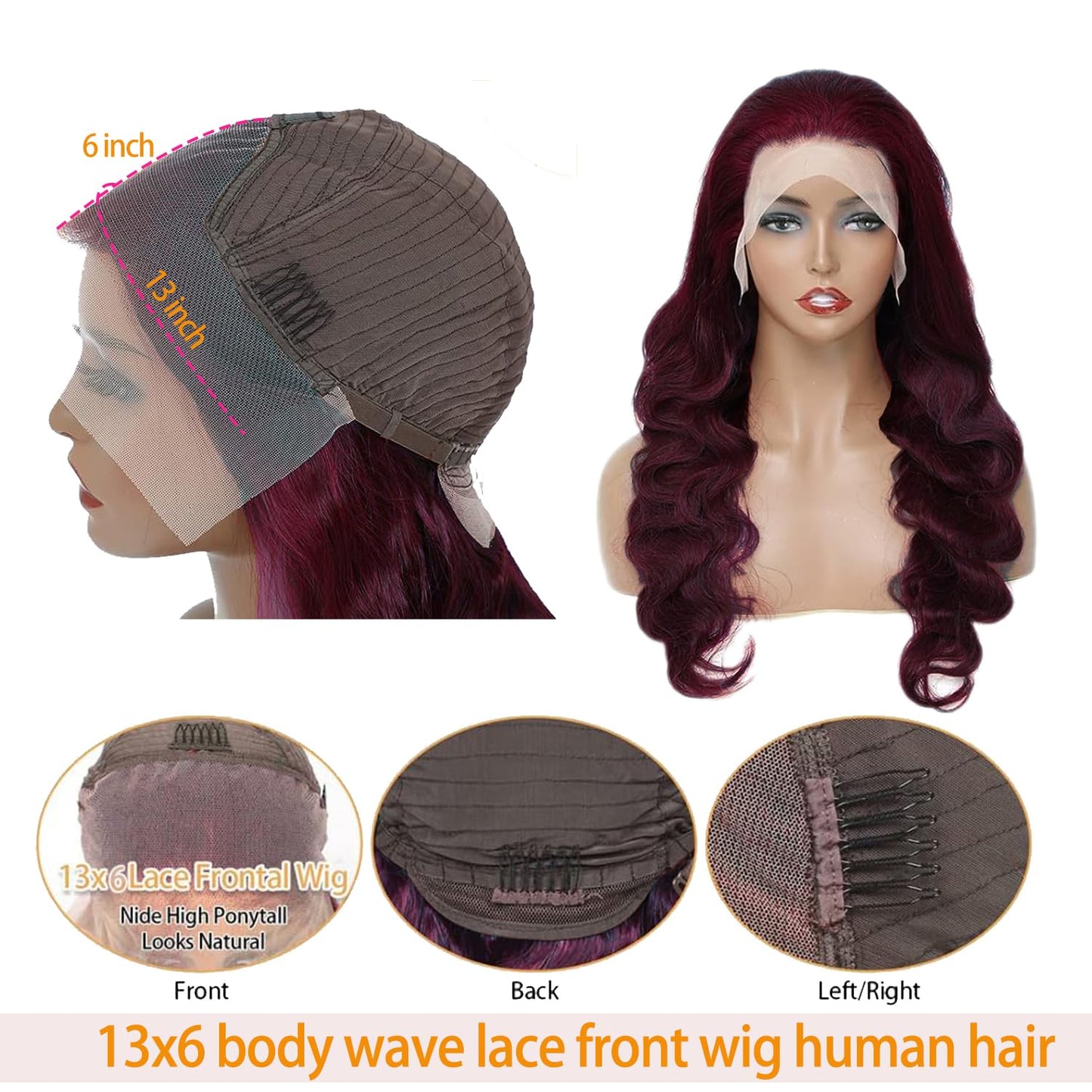 GUART 99j Burgundy Lace Front Wigs Human Hair 13x6 Body Wave Lace Front Wigs Human Hair 180% Density Preplucked Virgin Hair Full and Thick HD Lace Front Wigs Human Hair for Women 20 inch