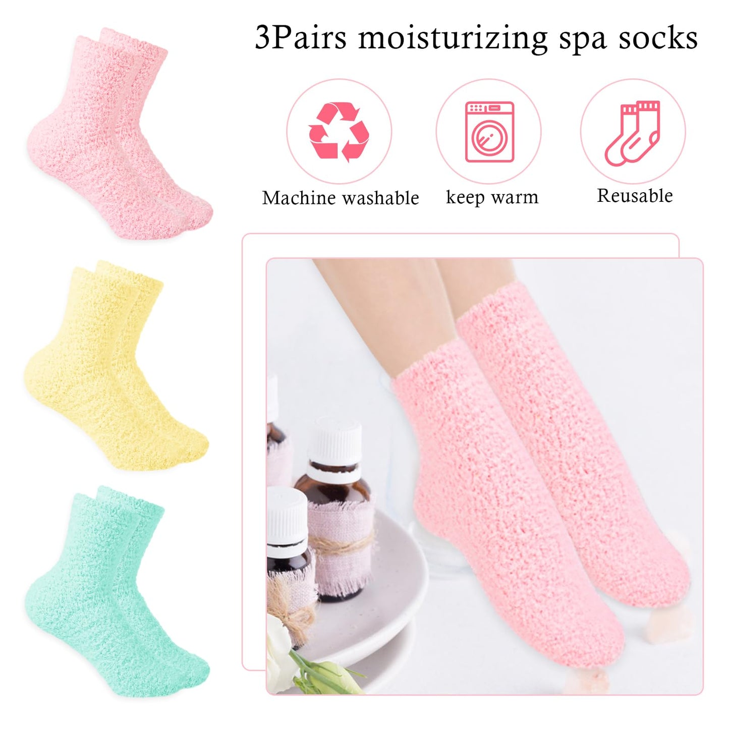 3Pairs Aloe Socks Moisturizing Spa Socks Sleeping Fuzzy Socks for Dry Feet Overnight, Non Slip Coral Fleece Lotion Socks Women Spa Pedicure Foot Care Socks for Repairing Dry Feet,Cracked Heel