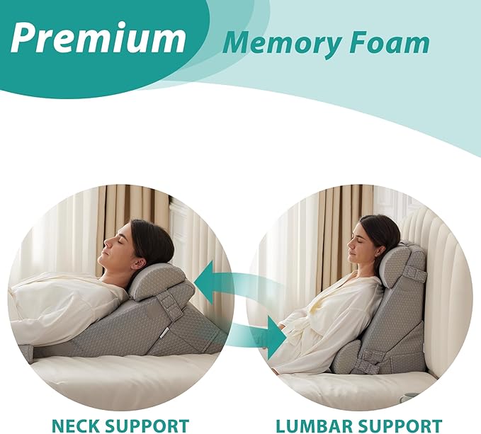 Adjustable 4pcs Bed Wedge Pillow Set, Memory Foam Wedge Pillow Post Surgery for Back, Neck, Leg Pain Relief, Pillow Wedge for Sleeping, Sitting up in Bed, Acid Reflux and GERD, Grey