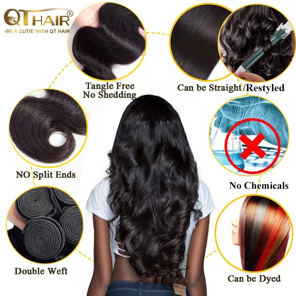 QTHAIR 16A Brazilian Virgin Hair Long Body Wave Bundles Human Hair 32 30 28 26inch Natural Black 100% Unprocessed Brazilian Human Hair Bundles Body Wave Human Hair for Black Women