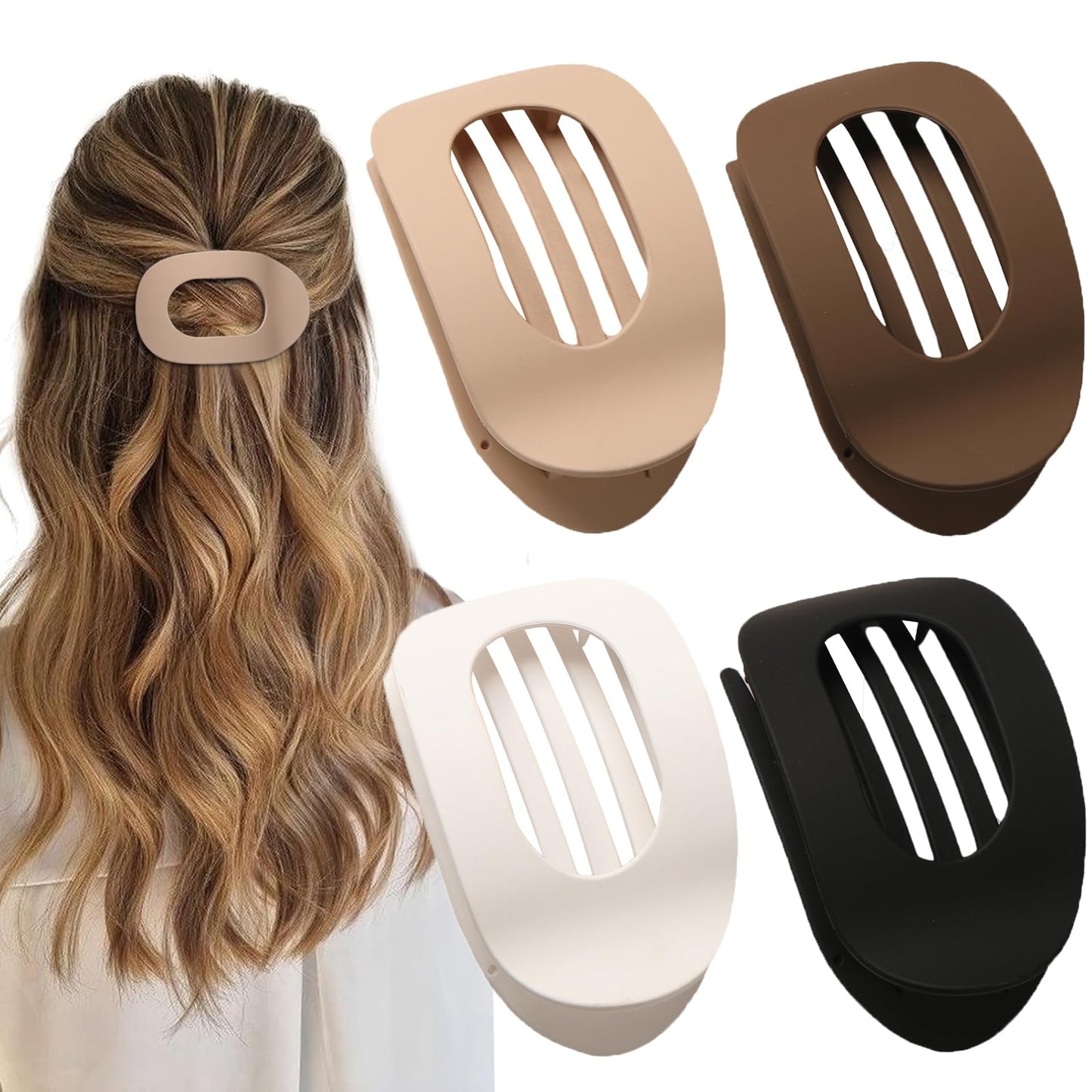 4 PCS Flat Hair Clips, Round Lay Down Hair Claw Clips for Women Girls, French Strong Hold Hair Barrettes for Thick Thin Hair,Comfortable Curved Flat Clips for Lying,Driving and More (Neutral Matte)