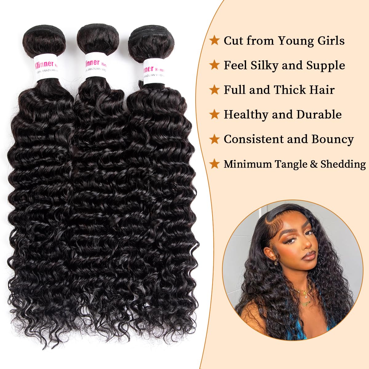 12A Deep Wave Human Hair Bundles 20 20 20Inch Curly Bundles Human Hair 100% Unprocessed Human Hair Bundles Deep Wave Weft Extensions Weave Natural Black 300g