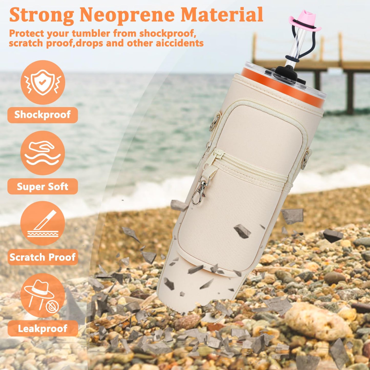 Water Bottle Carrier Bag with Phone Pocket and 2 Straw Covers Compatible with Stanley/Meoky/BrüMate 40 oz Tumbler with Handle,Water Bottle Holder with Adjustable Strap Fits for Stanley Cup Accessories