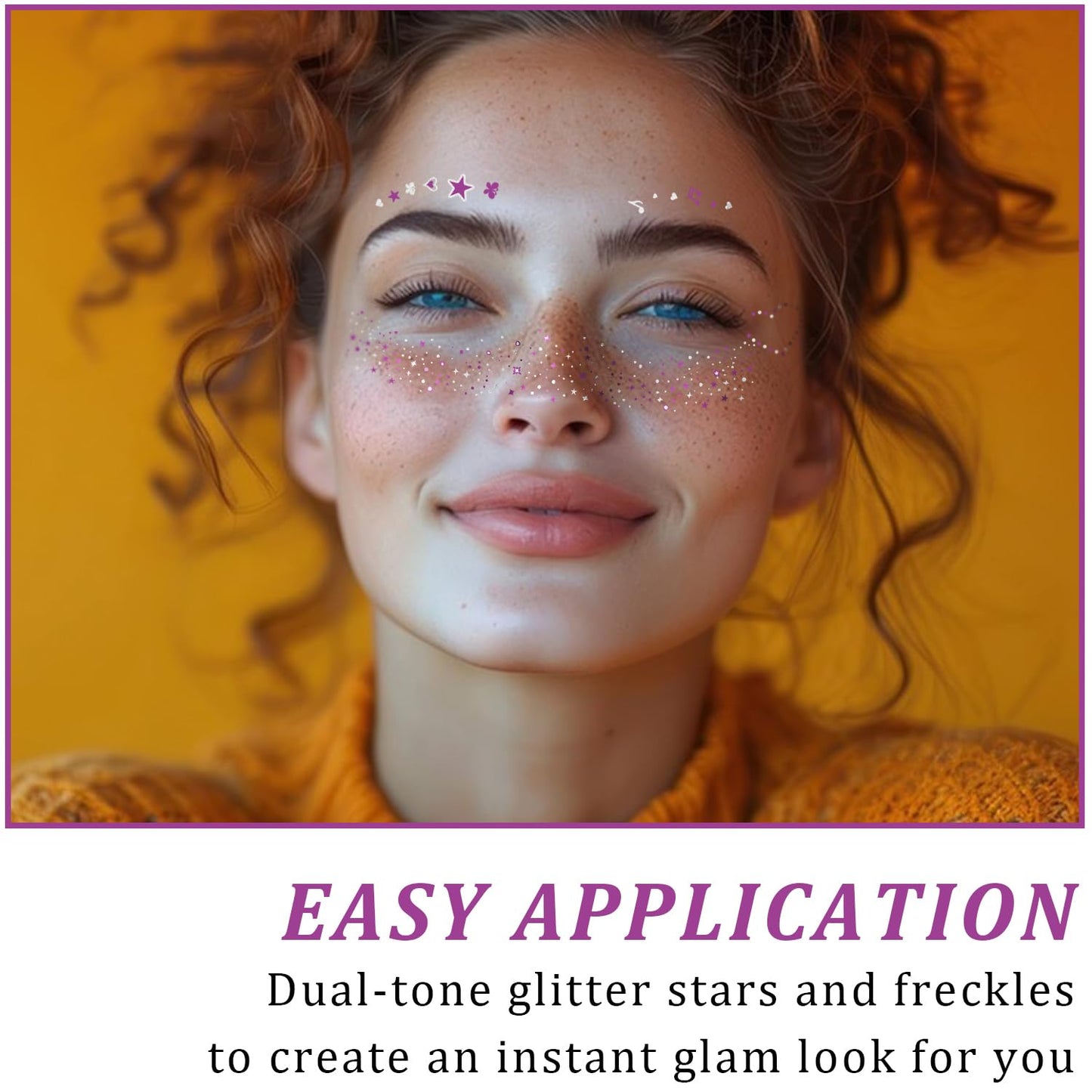 20 Pcs Dual-tone Face Makeup Patches, Purple-silver Glitter Freckles, Glitter Freckles Face Tattoo, Waterproof Face Sparkle Freckles, Long-Lasting 48h Freckles for Women (Purple-silver)