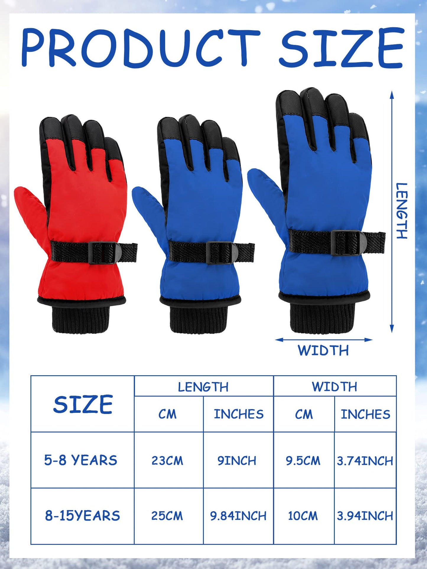 Eurzom 2 Pairs Kids Winter Gloves Waterproof Ski Gloves Windproof Warm Unisex Ski Gloves Warm Snow Gloves with Hook and Loop(Red, Blue, for 6-13 Years)