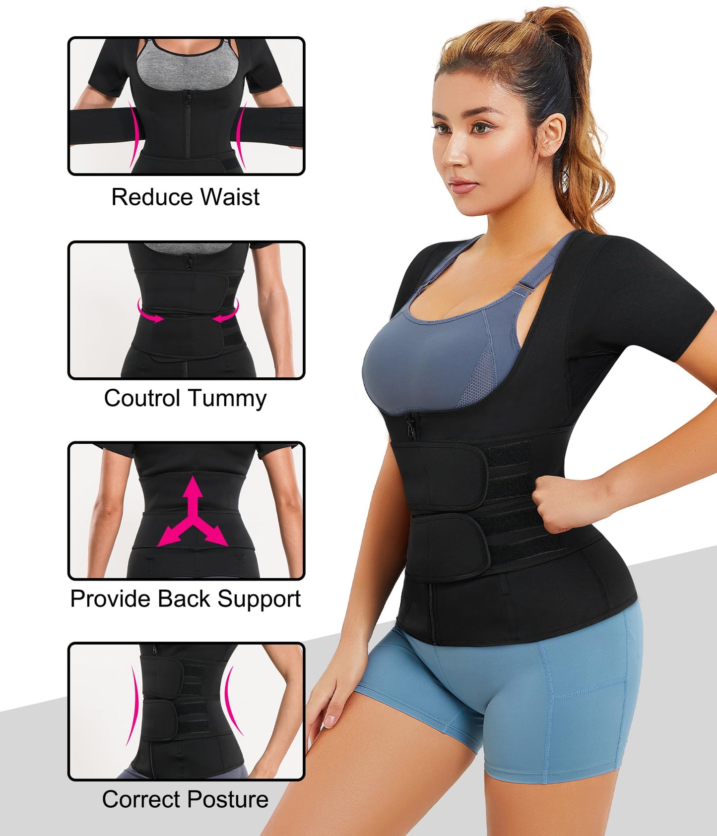 Nebility Womens' Sauna Sweat Vest Weight Loss Workout Waist Trainer (Zipper Short Sleeves, Small)