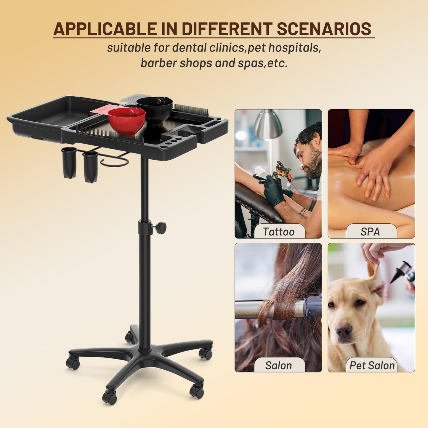 ABTSalon Magnetic Salon Tray on Wheels with All-Metal Frame Rolling Hairstylist Tray with Drawers Hair Stylist Tray with 2 Magnetic Mixing Bowls Salon Stations for Hair Stylist Tray