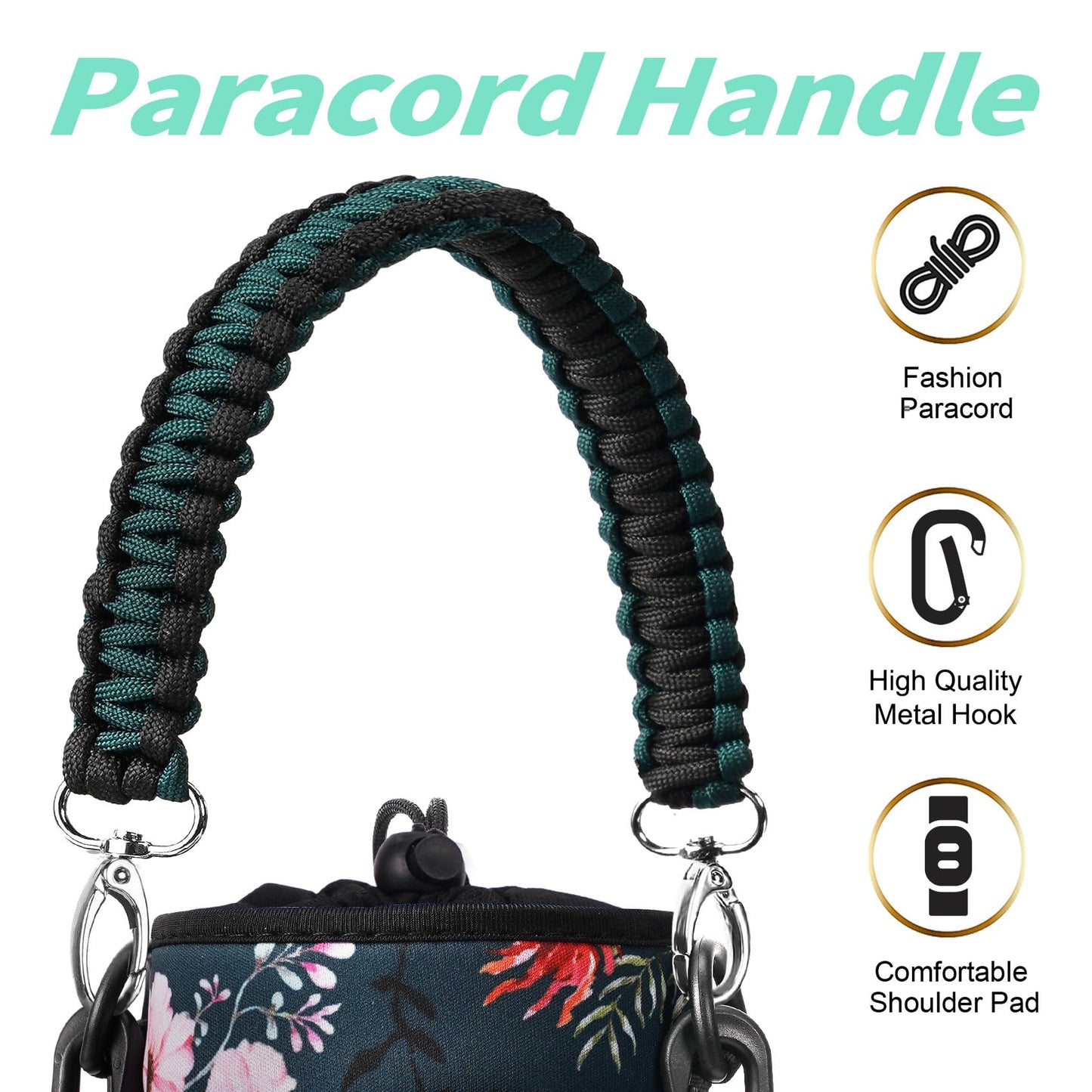 AceTreker 32 oz 40 oz Water Bottle Sleeve, Insulated Sport Water Bottle Holder with Strap & Paracord Handle, Flask Carrier Sling Bag with 4 Pockets for Walking Hiking-Wild Rose