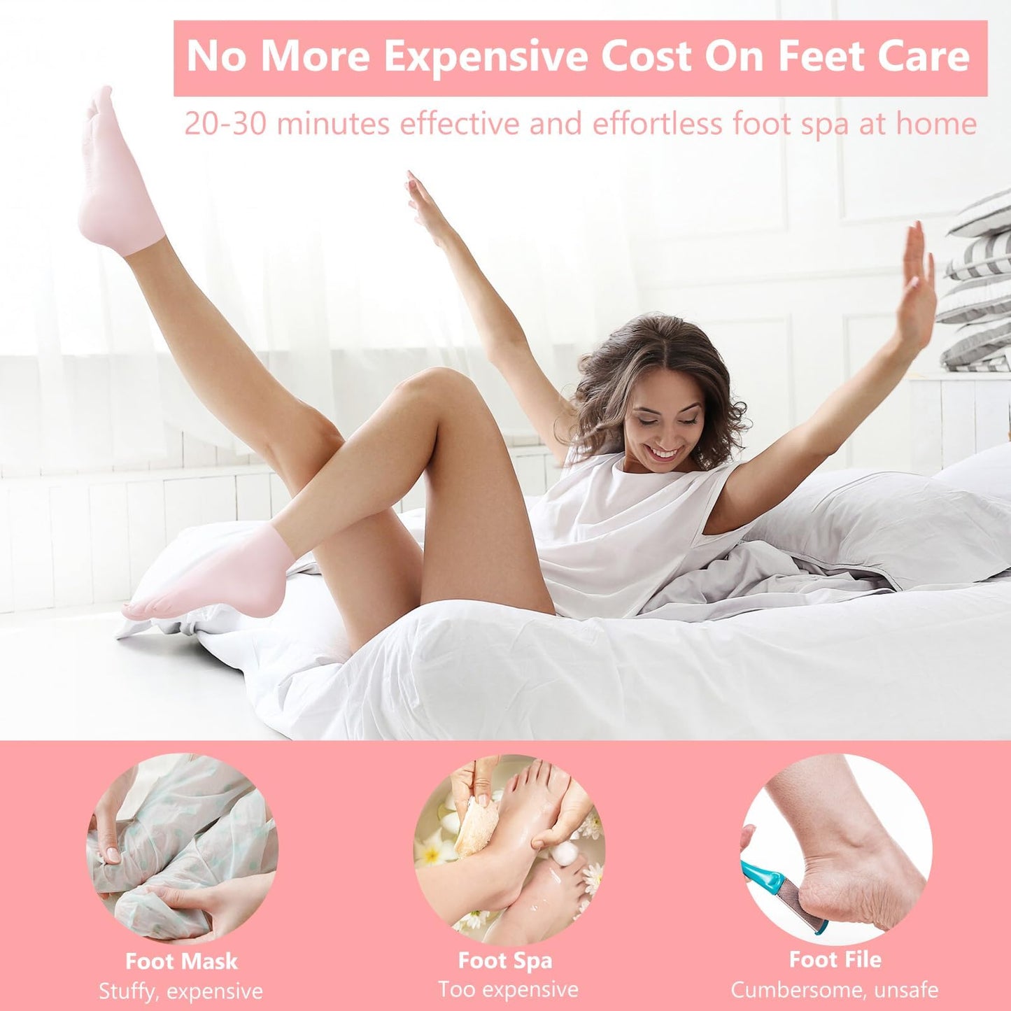 2Pairs Silicone Socks for Dry Cracked Feet Women,Non-Slip Moisturizing Foot Mask Exfoliating Socks,Gel/Aloe Vera SPA Repair Socks,Post Pedicure Heel Cracking & Softening Foot Treatment - Pink + White