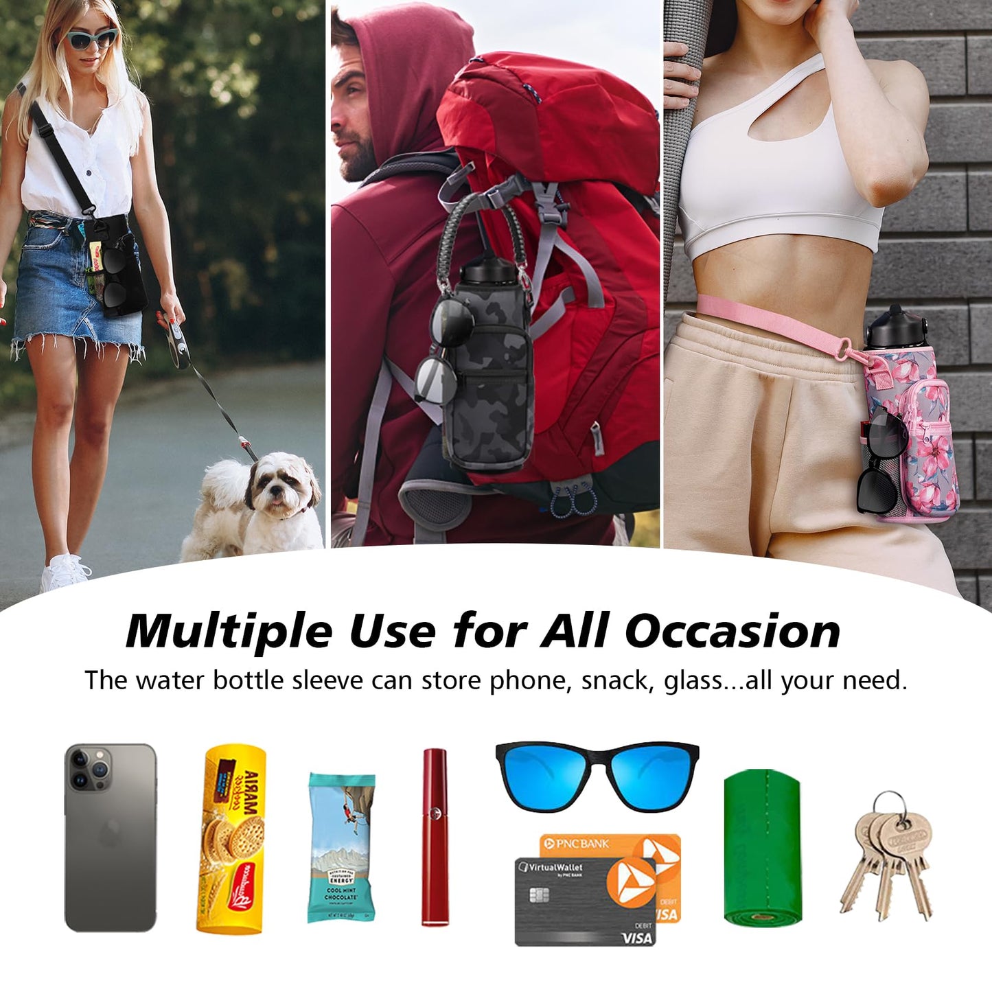 AceTreker Water Bottle Sleeve, 32 oz 40 oz Water Bottle Holder with Strap & Paracord Handle, Neoprene Insulated Carrier Sling Bag with Phone Pocket for Walking Hiking Sport-Gray Camo