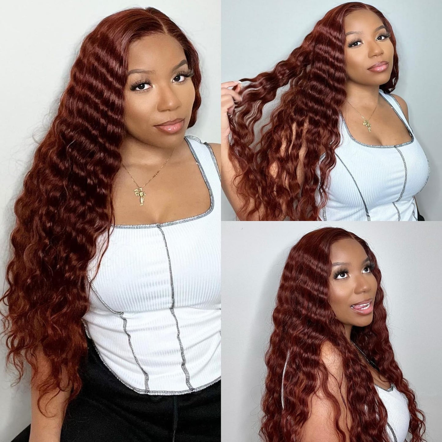 AAKJJ Reddish Brown Deep Wave Lace Front Wigs Human Hair 13x4 HD Transparent Lace Front Wigs for Women Copper Auburn Colored Human Hair Wig Glueless Pre Plucked with Baby Hair 200 Density 24 Inch