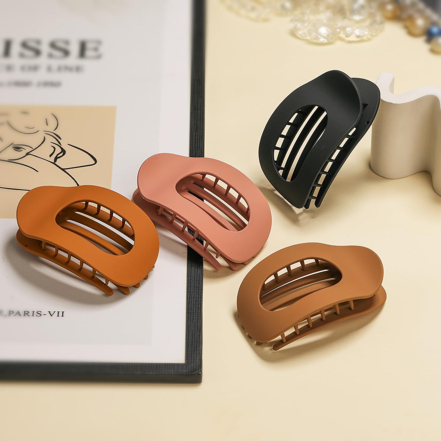 4 PCS Flat Hair Clips, Round Lay Down Hair Claw Clips for Women Girls, French Strong Hold Hair Barrettes for Thick Thin Hair,Comfortable Curved Flat Clips for Lying,Driving and More (Matte)