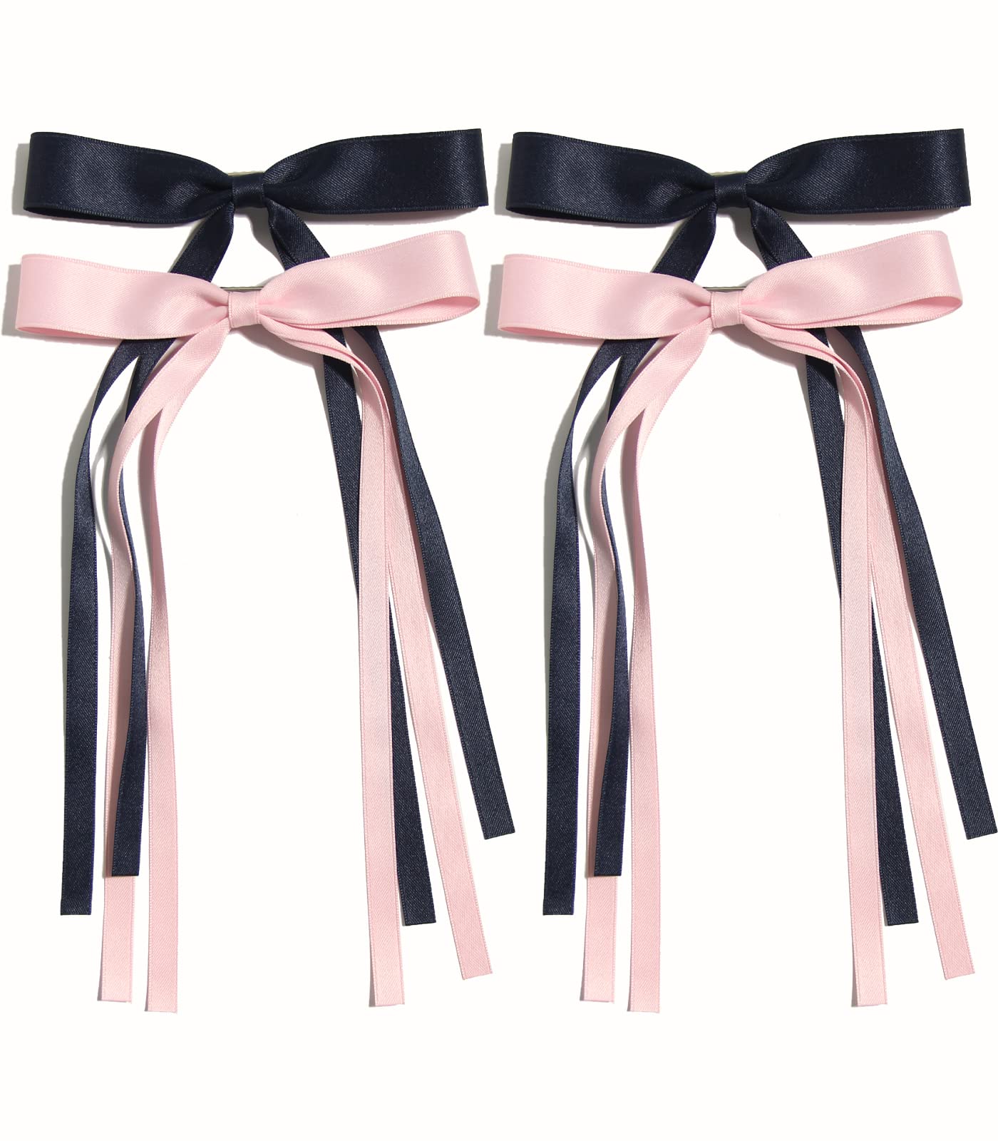 4pcs Tassel Ribbon Bowknot Hair Accessories with Long Tails, Solid Barrettes Claw Clips with Bows for Girls and Women (Navy Pink)