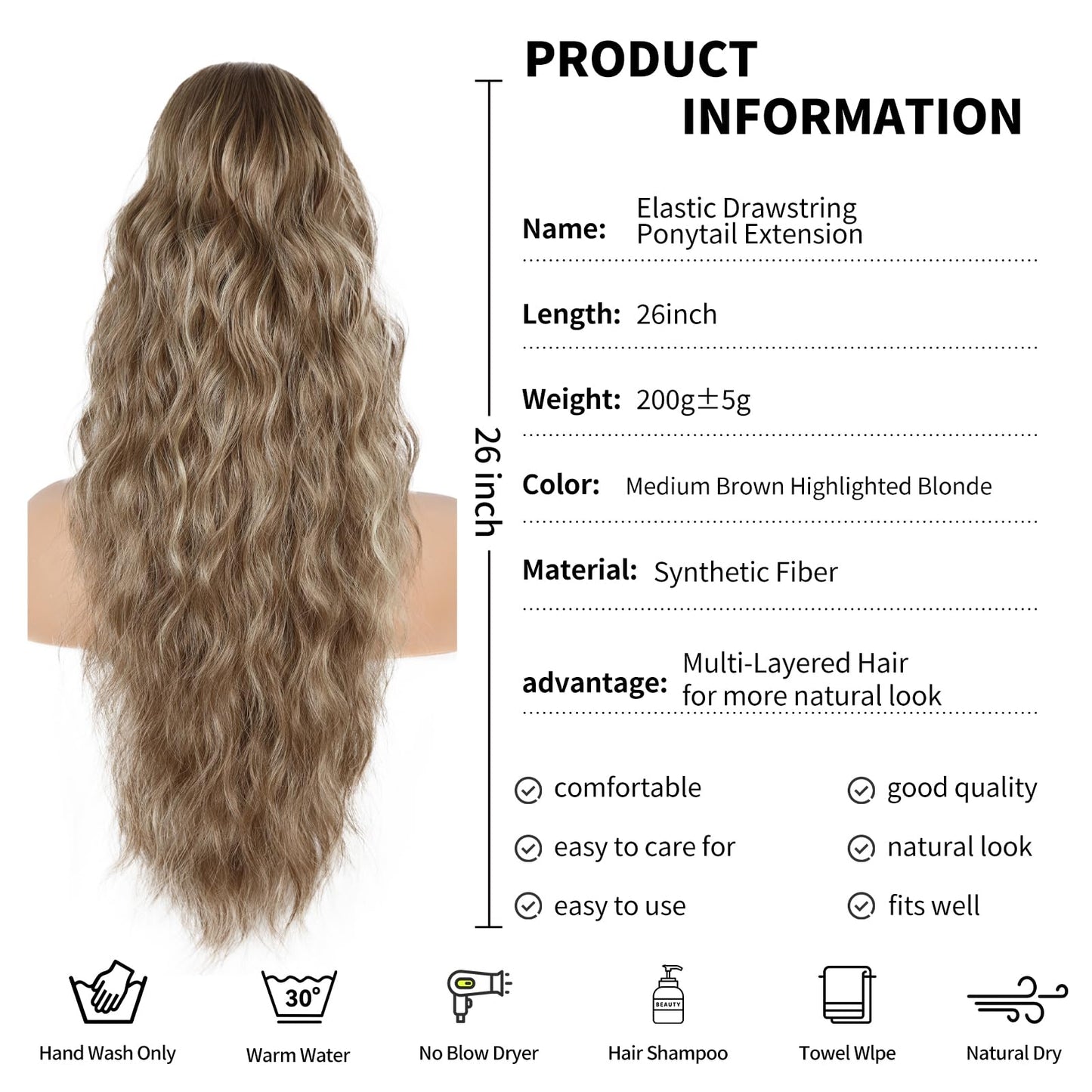 26 inch Drawstring Ponytail Extension for Women, Wavy Pony Tails Hair Extensions, Synthetic Hair Extensions Ponytail for Daily Use (Medium Brown Highlighted Blonde)