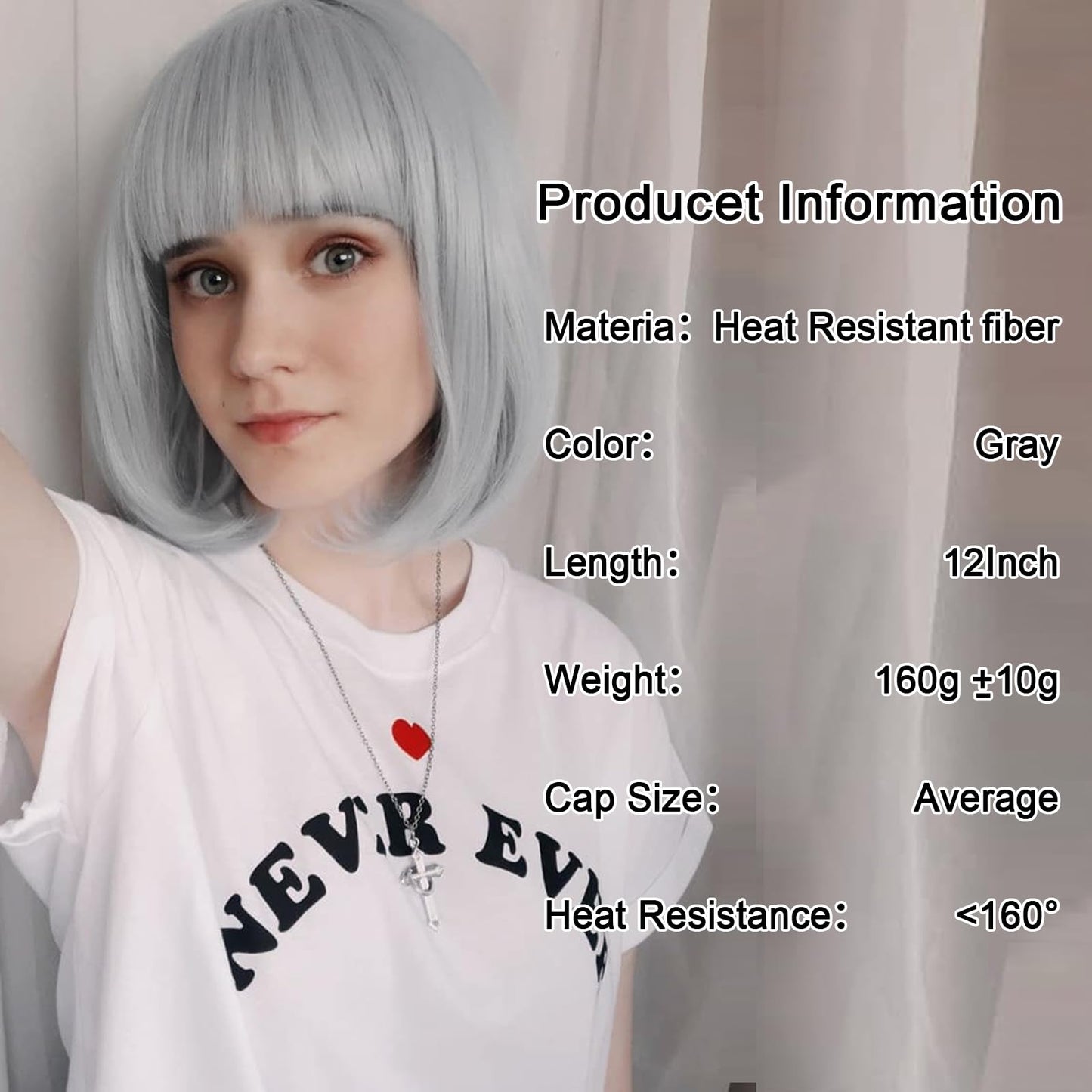 Aida ble Gray Bob Wigs - 12'' Short Gray Bob Wigs for Women Bob Wig With Bangs Super Soft and Easy to Wear Straight Bob Wig, Colorful Synthetic Wig for Daily, Cosplay, Halloween