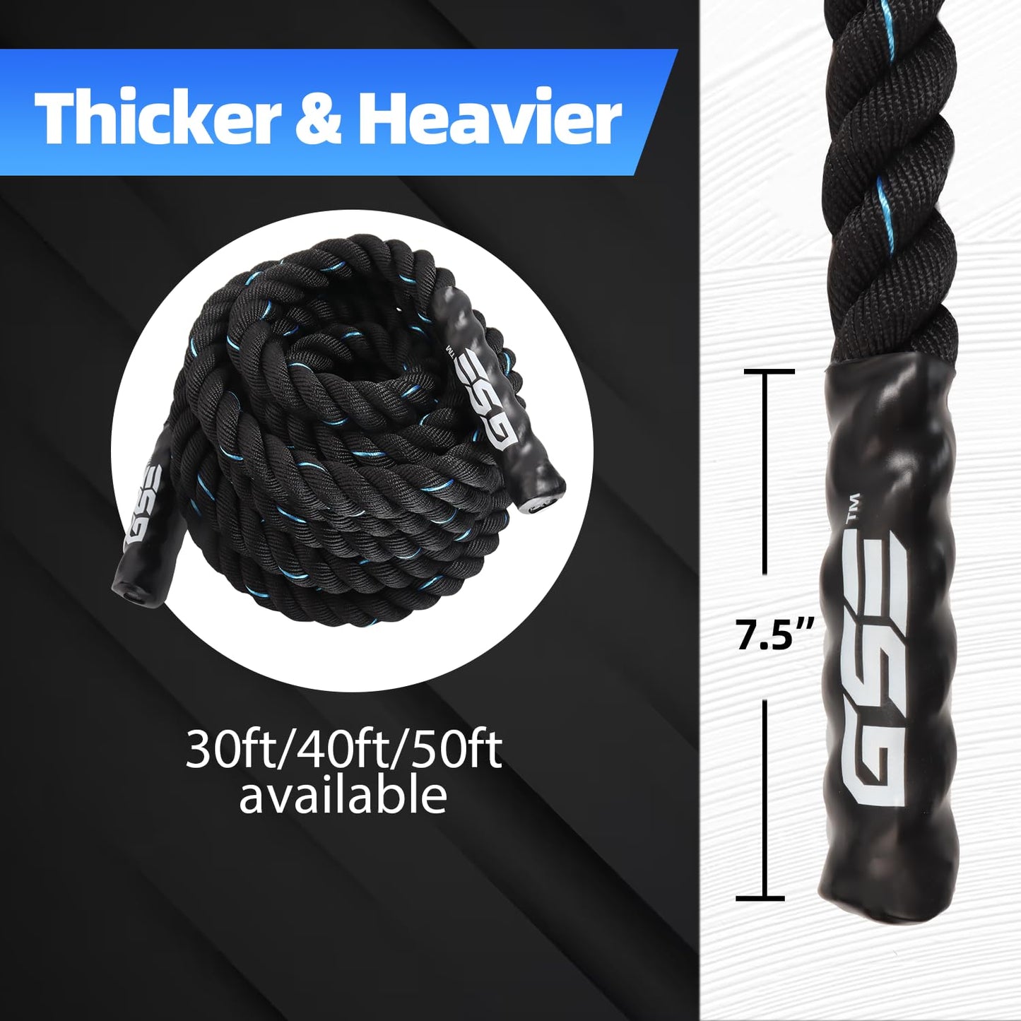 GSE Games & Sports Expert Gym Battle Rope, Heavy-Duty Workout Ropes for Indoor & Outdoor Workout. Exercise Rope for Strength Training - 30,40,50 Feet Lengths Available